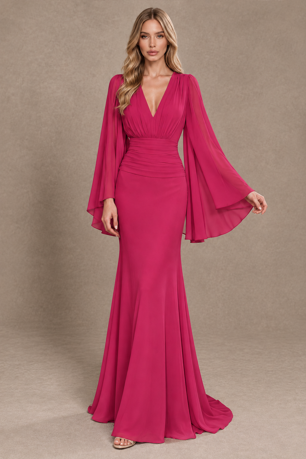 BOLODOO Fuchsia Cape Sleeve V-Neck Ruched Chiffon Evening Dress - Fuchsia - Fuchsia_3
