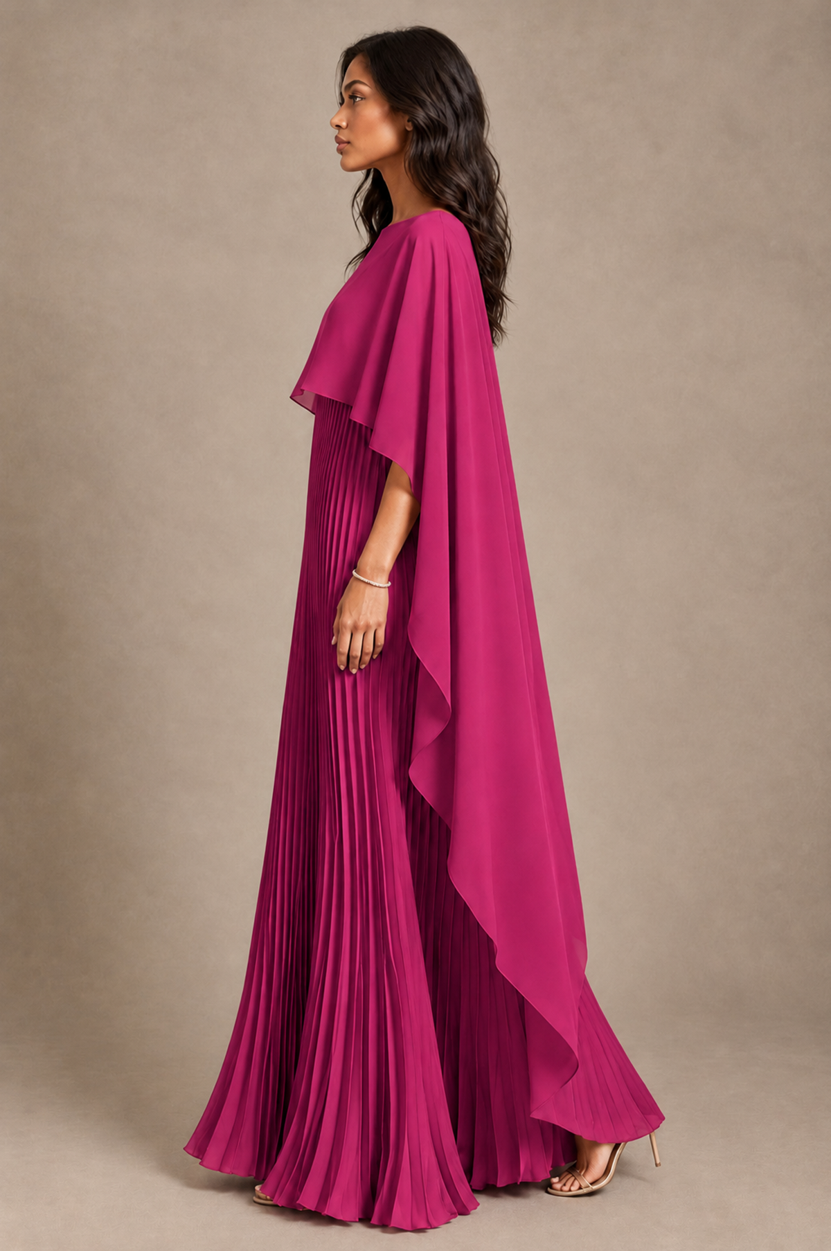 BOLODOO Fuchsia Pleated Cape A-Line Evening Dress - Fuchsia - Fuchsia_3