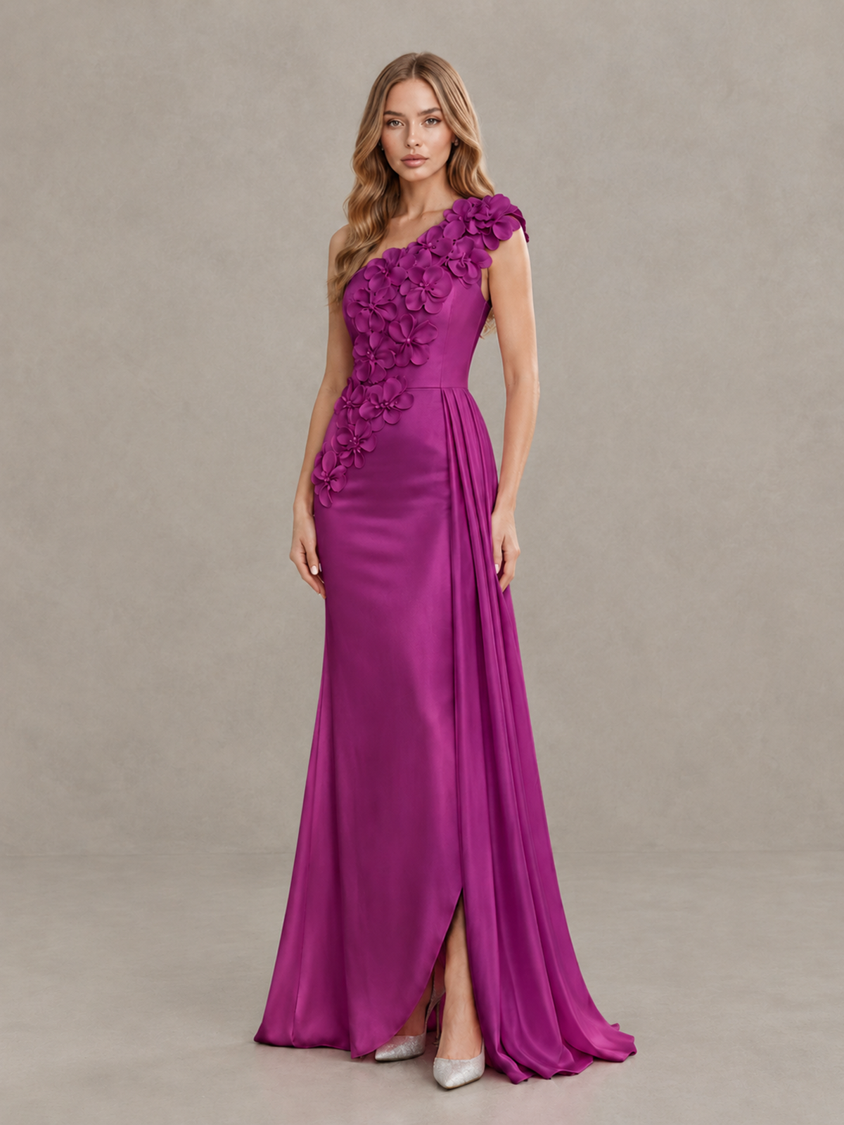 BOLODOO Fuchsia One-Shoulder Satin Mermaid Evening Gown with 3D Floral Appliqué - Fuchsia - Fuchsia_3
