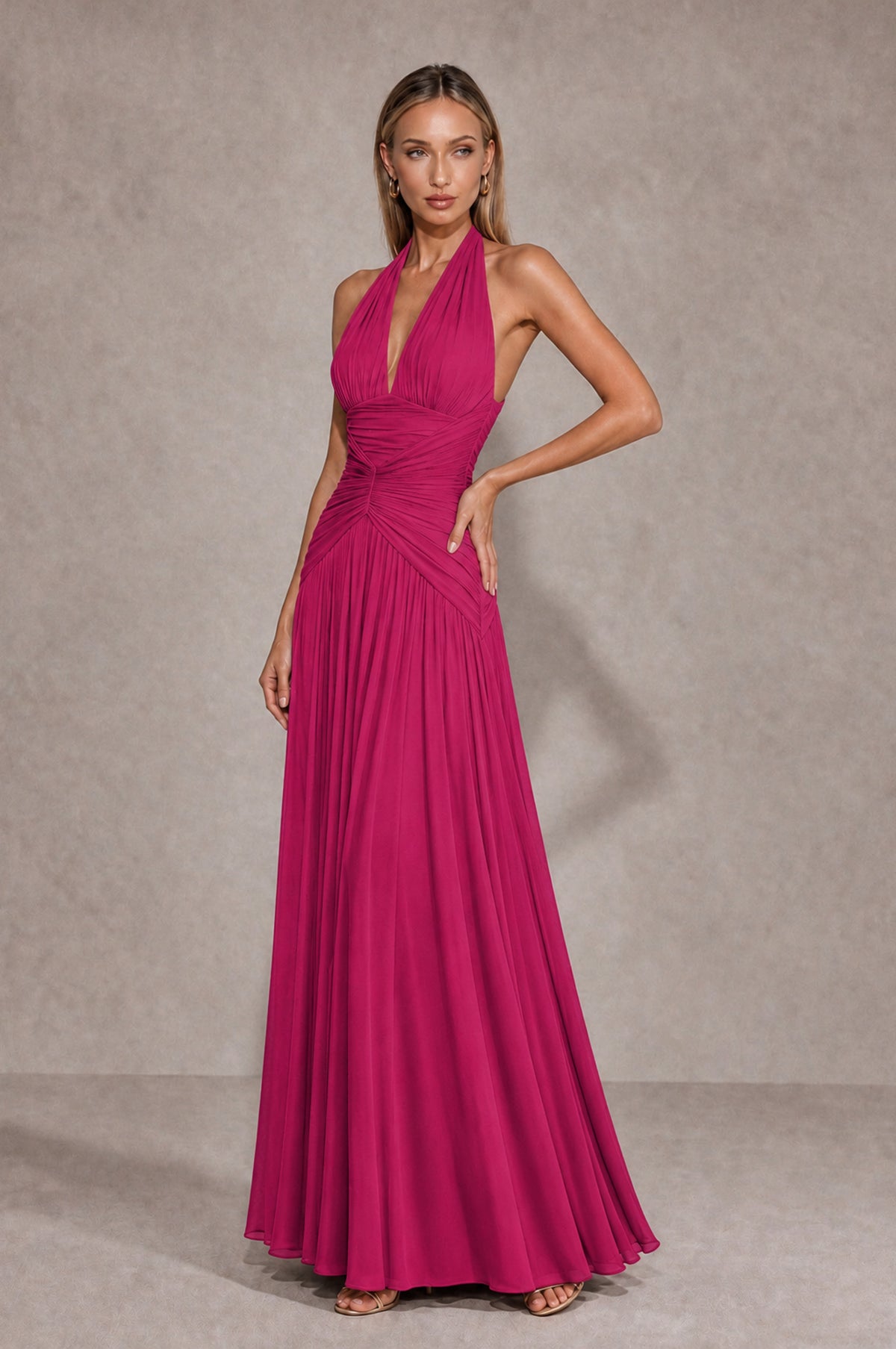 BOLODOO Fuchsia Chiffon Halter Deep V-Neck Ruched A-Line Backless Maxi Dress with Train-BD0167 - Fuchsia - Fuchsia_3