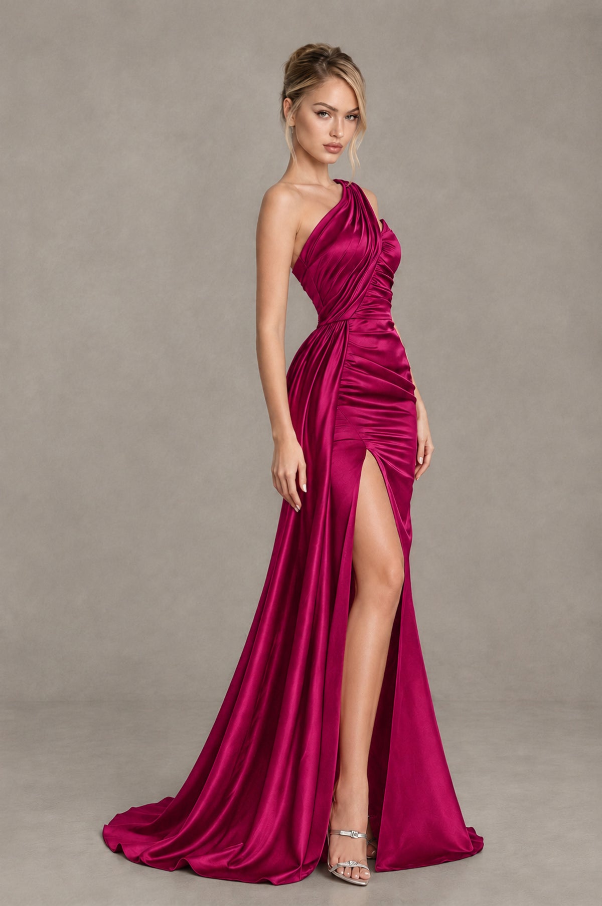 BOLODOO Fuchsia Asymmetric Ruched Formal Evening Dress - Fuchsia - Fuchsia_3