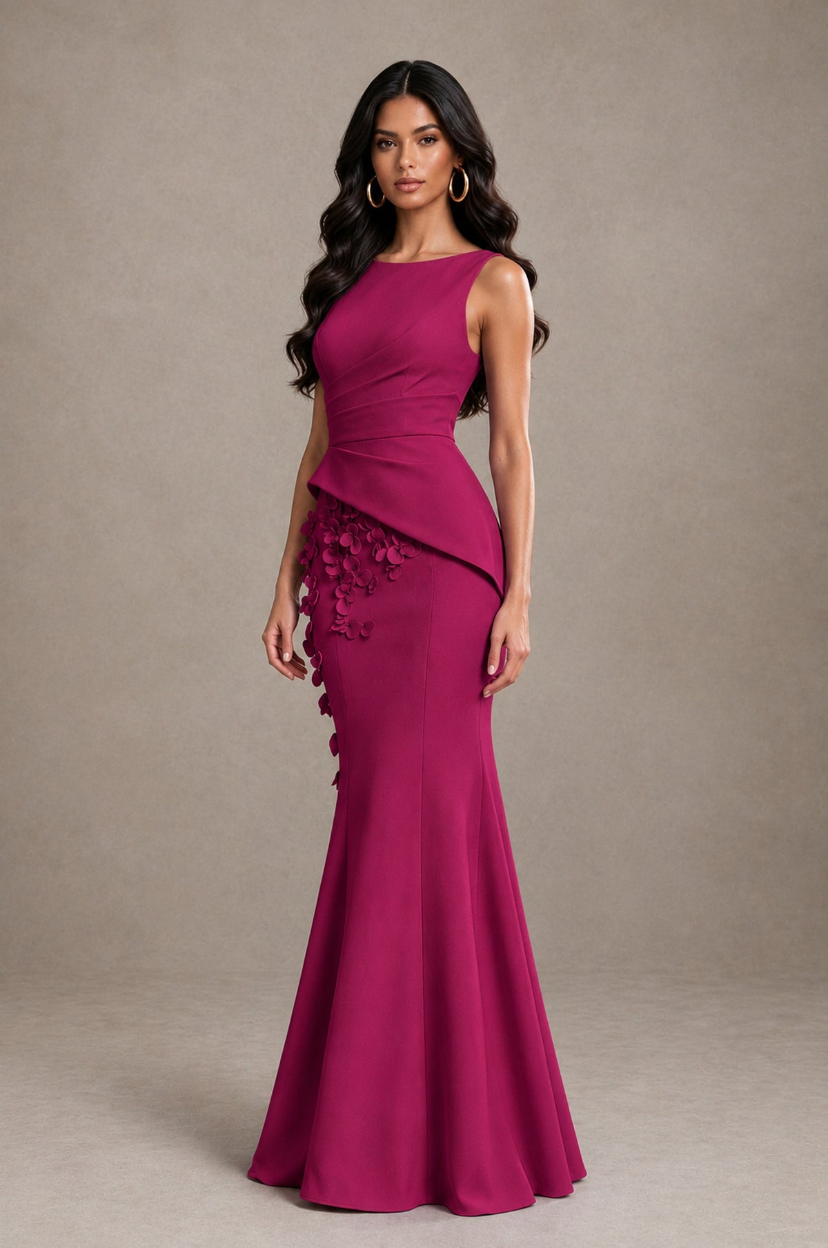 BOLODOO Fuchsia Bateau Neck Sleeveless Asymmetric Peplum 3D Petal Appliqué Mermaid Gown BD0421 - Fuchsia - Fuchsia_3