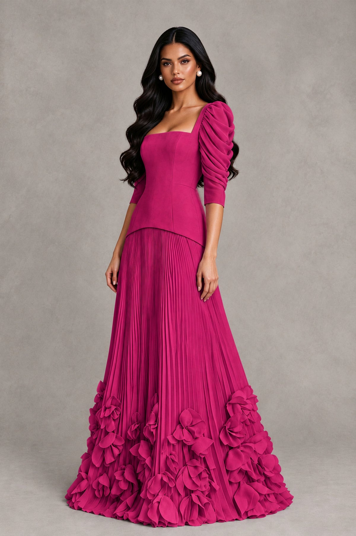 BOLODOO Fuchsia Square Neck Pleated Floral Applique Evening Dress - Fuchsia - Fuchsia_3