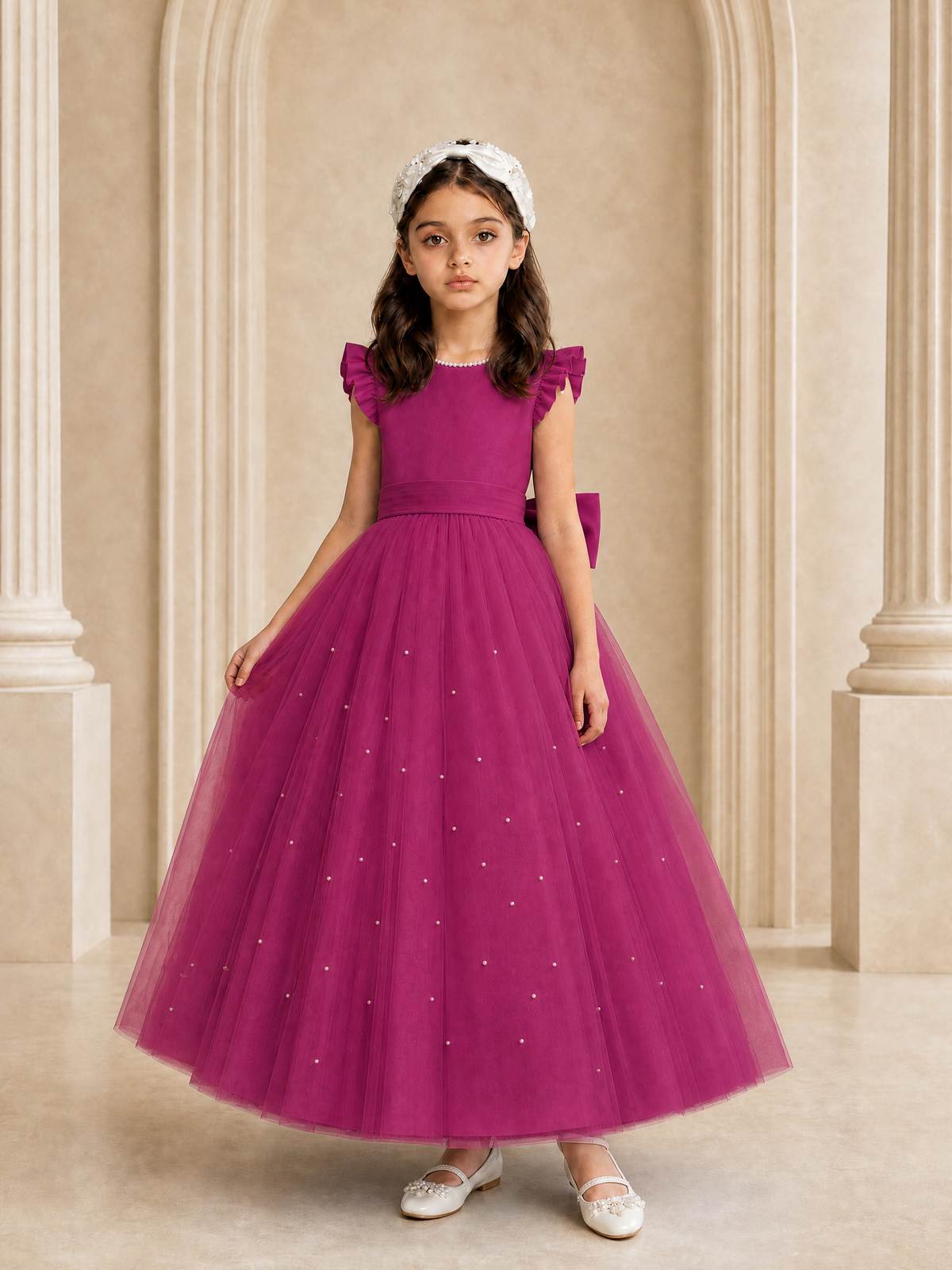 BOLODOO Fuchsia Tulle Flower Girl Dress with Ruffle Sleeves & Bow Back - Fuchsia - Fuchsia_3