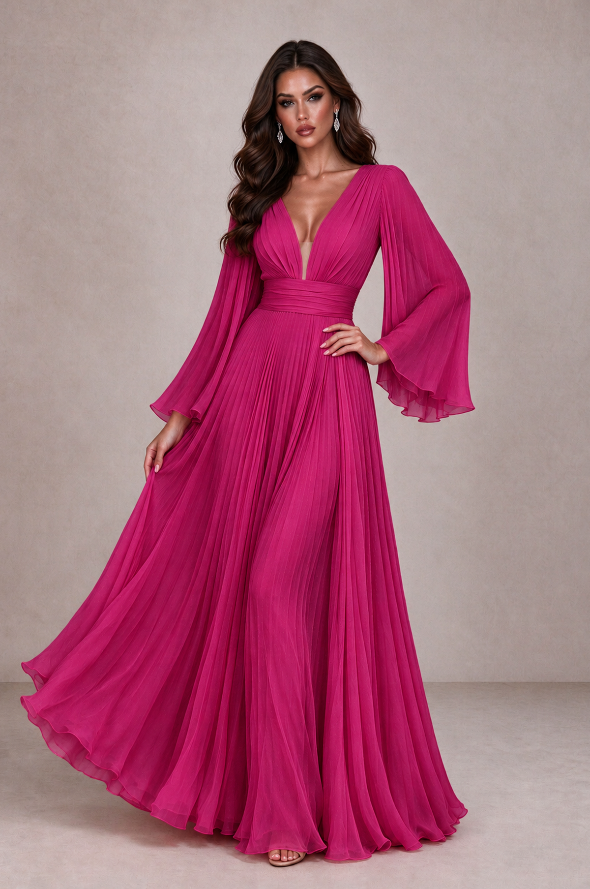 BOLODOO Fuchsia Pleated Deep V-Neck Long Bell Sleeve Evening Dress - Fuchsia - Fuchsia_3