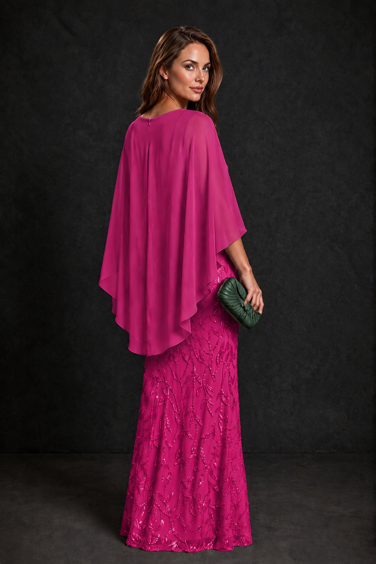 BOLODOO Fuchsia Round Neck Chiffon Cape Overlay Sequin Lace Mermaid Maxi Dress - Fuchsia - Fuchsia_3