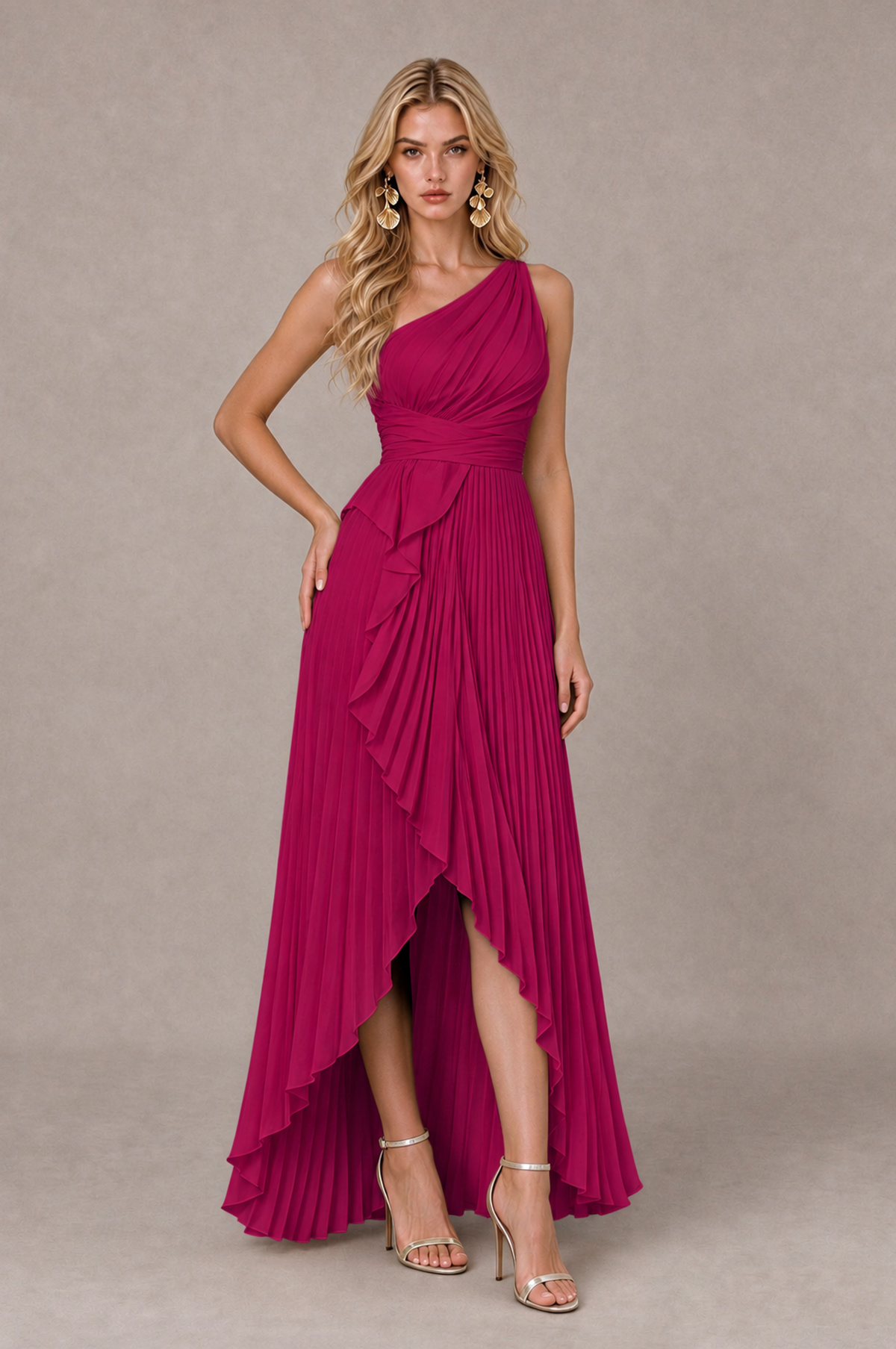 BOLODOO Fuchsia One-Shoulder High-Low Ruffle Maxi Dress - Fuchsia - Fuchsia_3