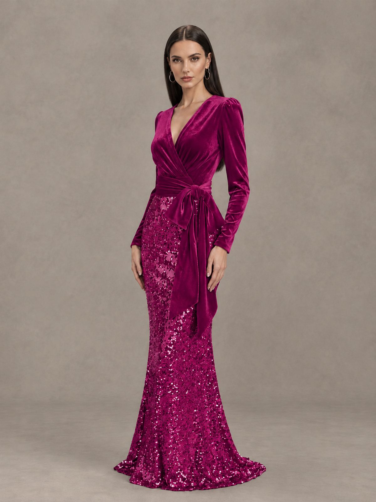 BOLODOO Fuchsia Velvet & Sequin Long Sleeve V-Neck Mermaid Evening Gown - Fuchsia - Fuchsia_3