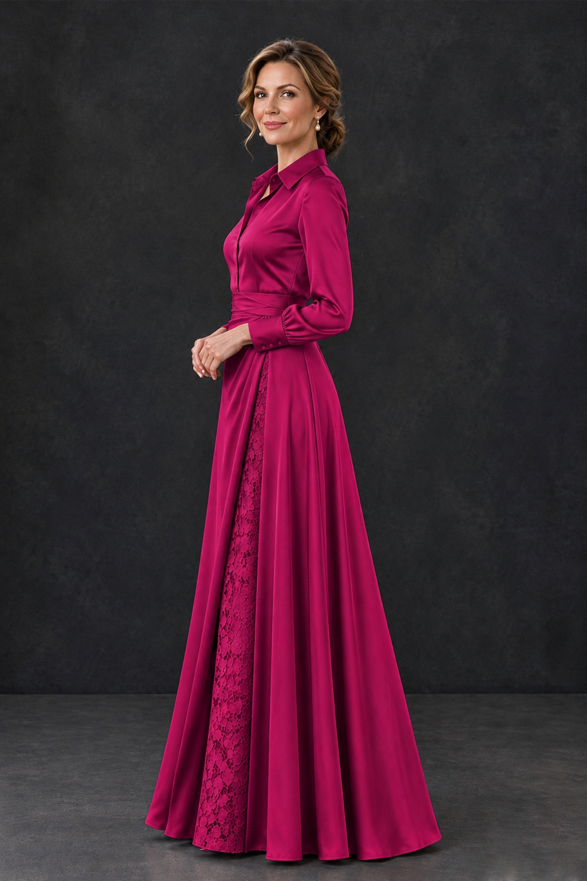 BOLODOO Fuchsia Long Sleeve Satin-Look Lace Panel Gown - Fuchsia - Fuchsia_3