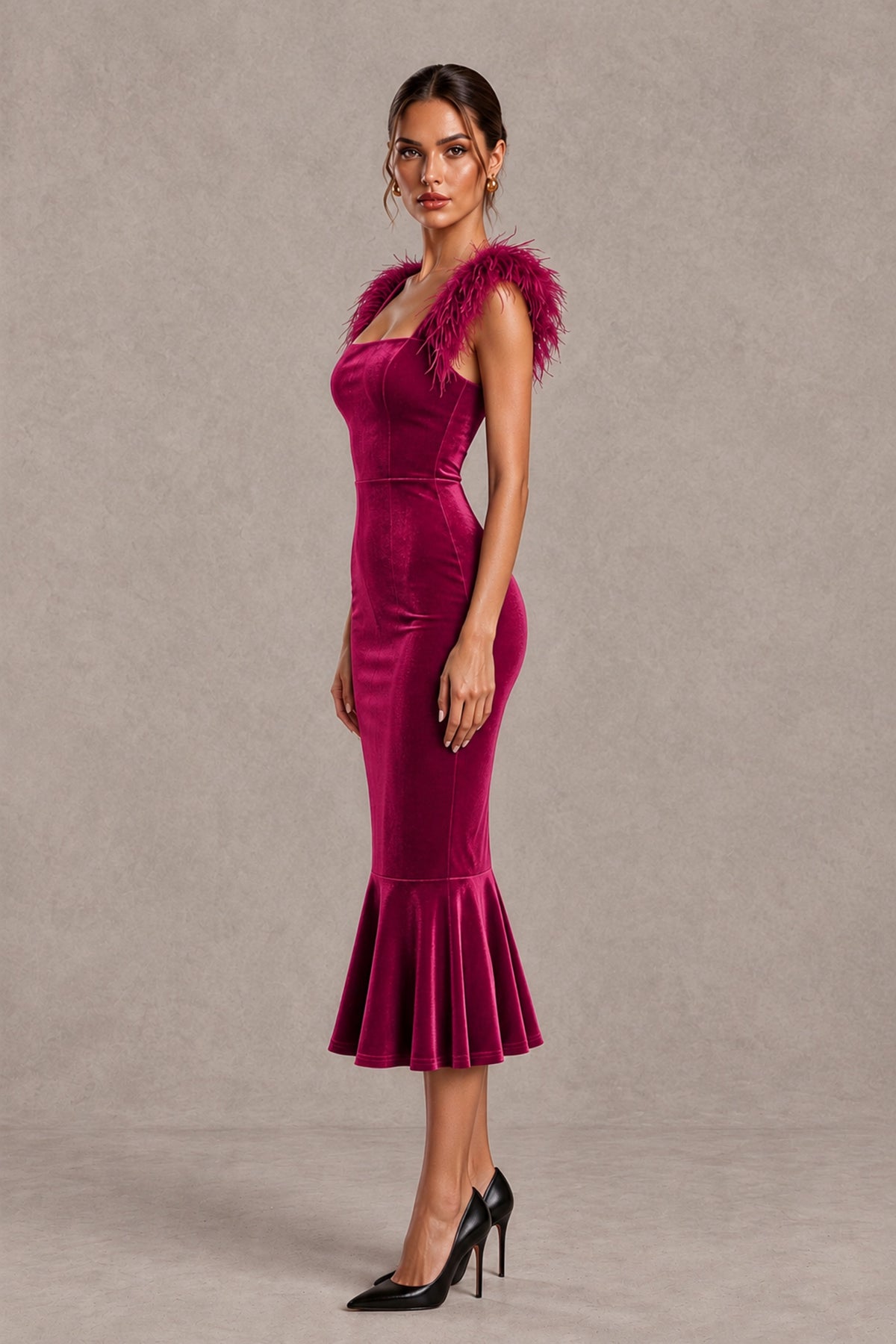 BOLODOO Fuchsia Feather-Trim Velvet-Look Mermaid Midi Dress - Fuchsia - Fuchsia_3