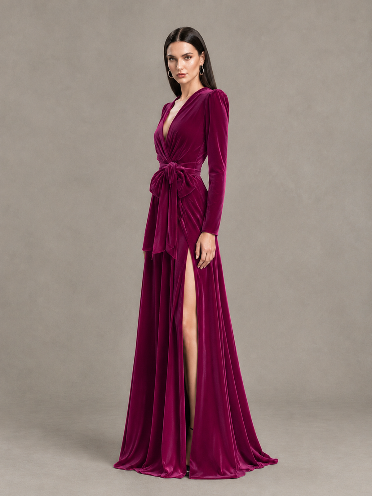 BOLODOO Fuchsia Long Sleeve Velvet-Look Evening Dress with High Slit - Fuchsia - Fuchsia_3