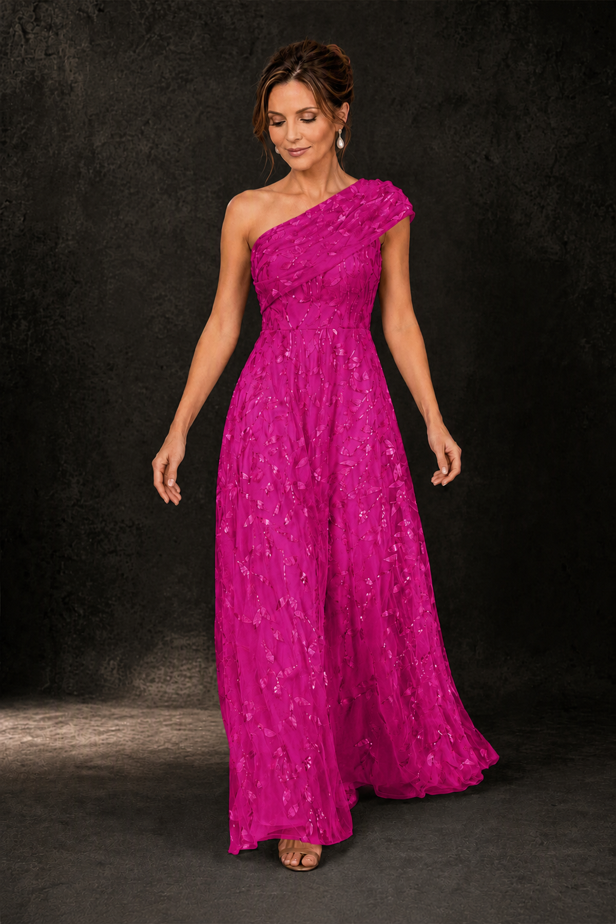 BOLODOO Fuchsia Leaf Sequin One-Shoulder A-Line Maxi Gown – Mother of the Bride & Formal Evening Dress - Fuchsia - Fuchsia_3