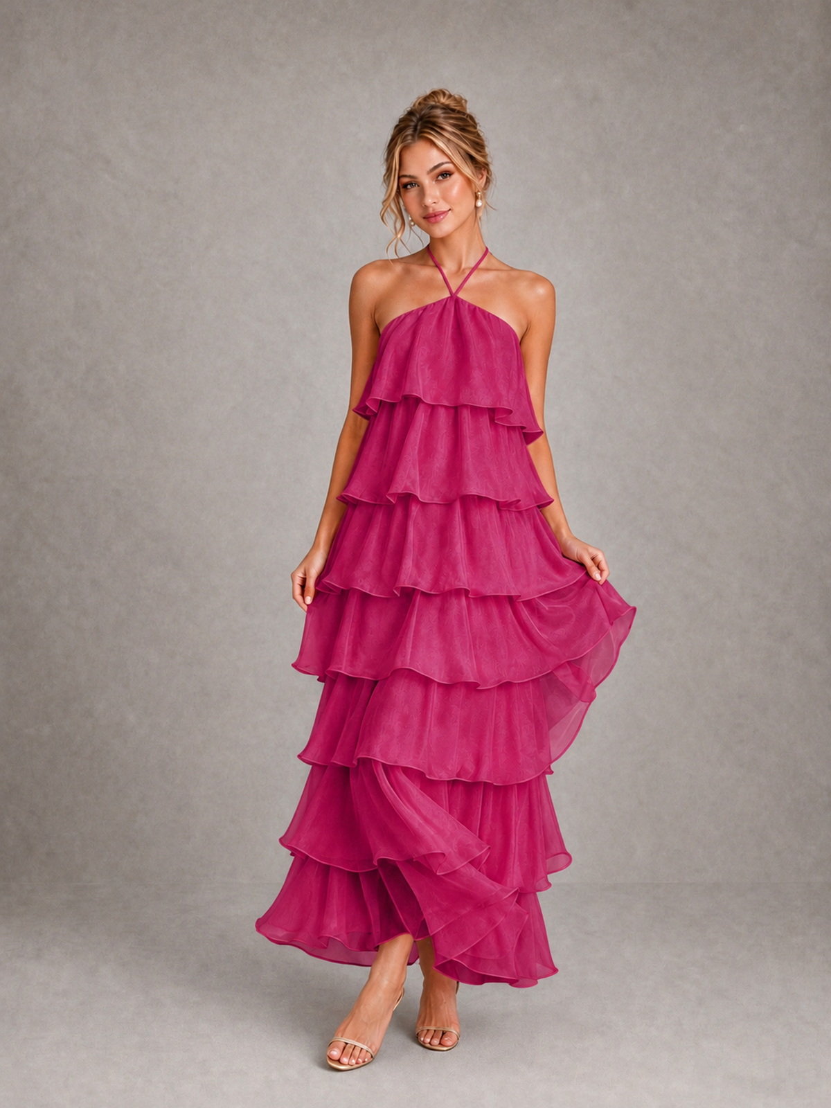BOLODOO Fuchsia Halter Tiered Ruffle Maxi Bridesmaid Dress - Fuchsia - Fuchsia_3