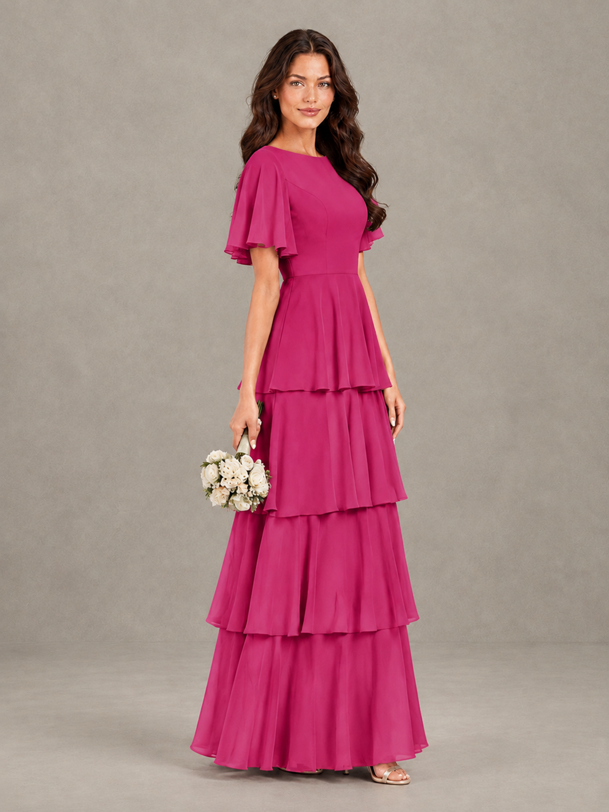 BOLODOO Fuchsia Tiered Flutter Sleeve Bridesmaid Dress - Fuchsia - Fuchsia_3