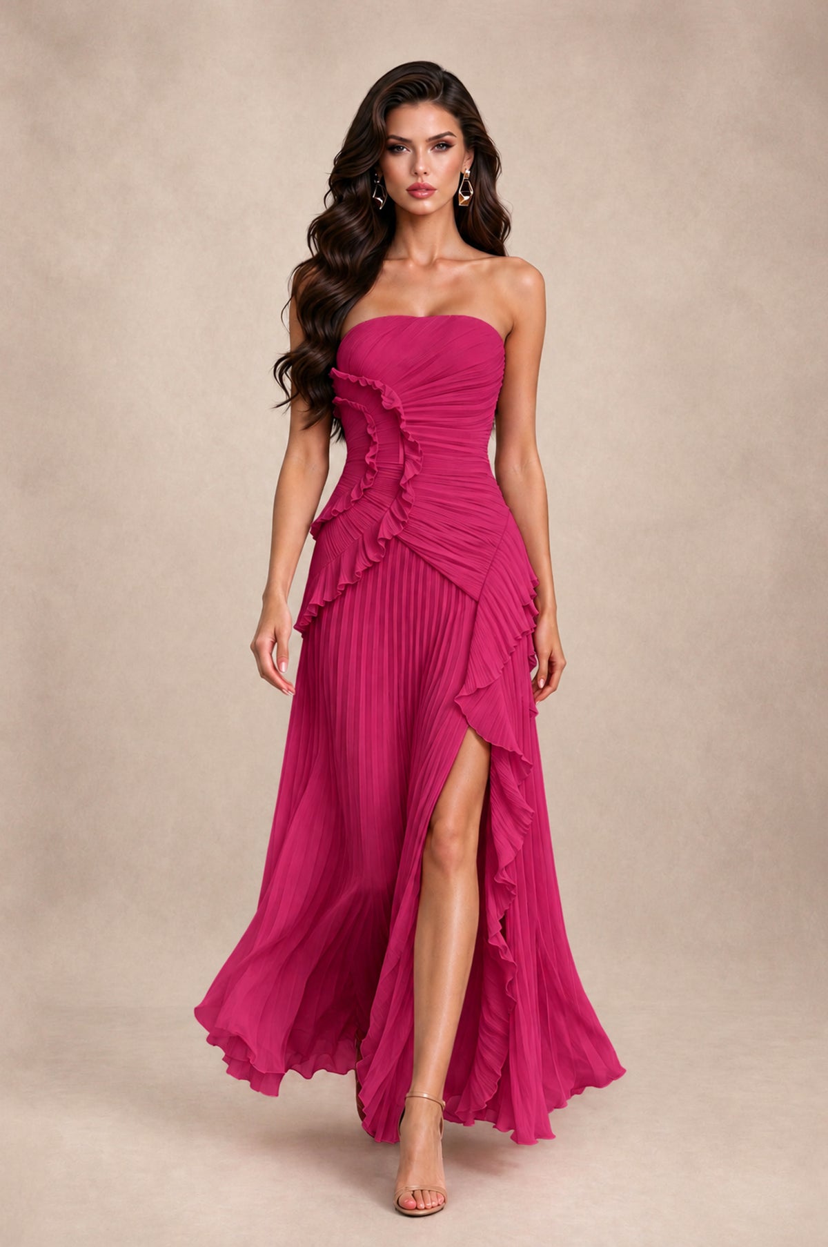BOLODOO Fuchsia Strapless Ruffle Pleated Slit Evening Gown - Fuchsia - Fuchsia_3