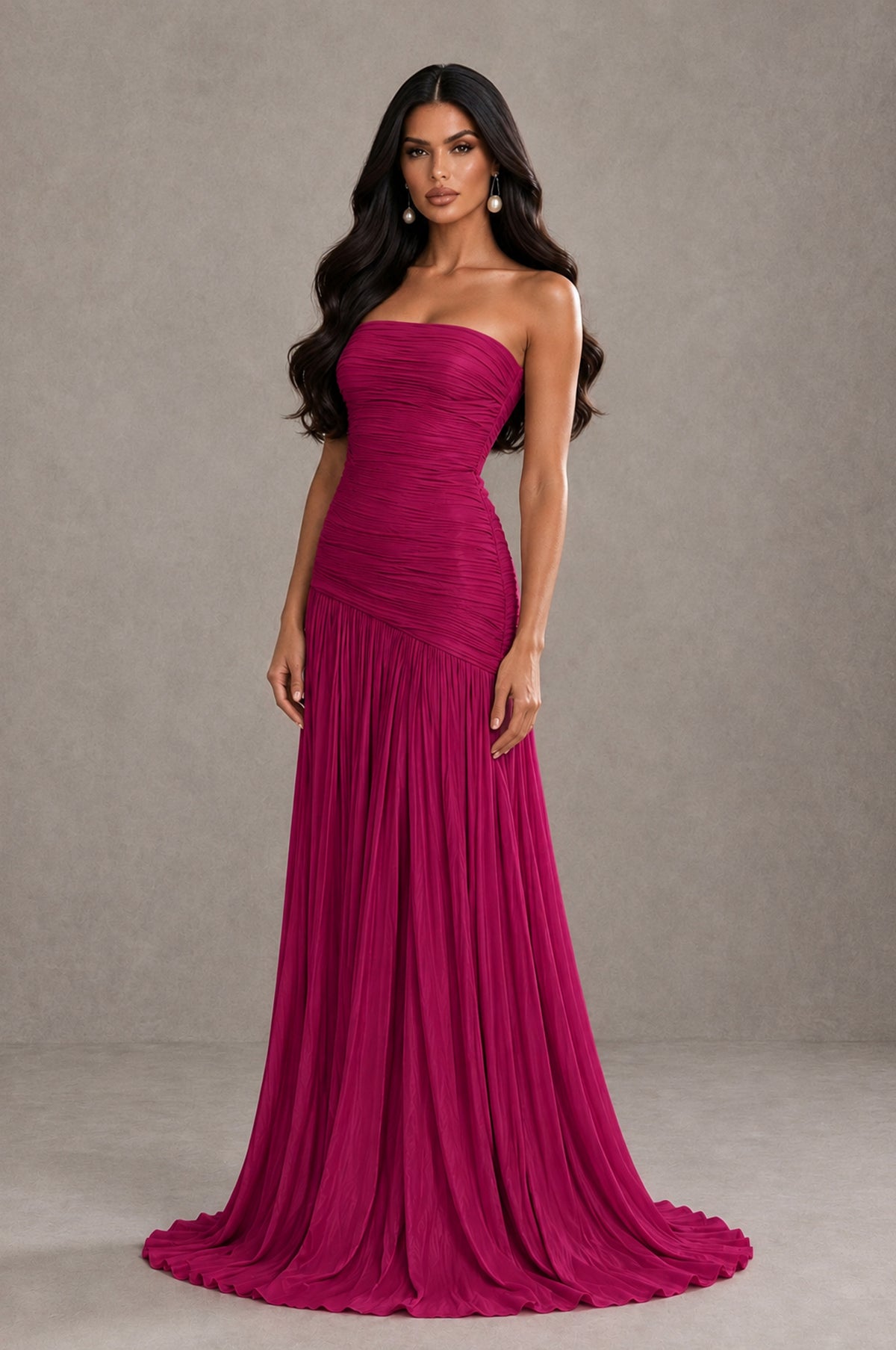 BOLODOO Fuchsia Metallic Ruched Strapless Pleated A-Line Backless Maxi Dress with Train - Fuchsia - Fuchsia_3