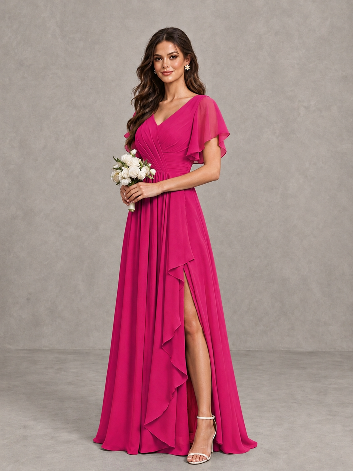 BOLODOO Fuchsia Flutter Sleeve V-Neck Bridesmaid Dress with Ruffle Slit - Fuchsia - Fuchsia_3
