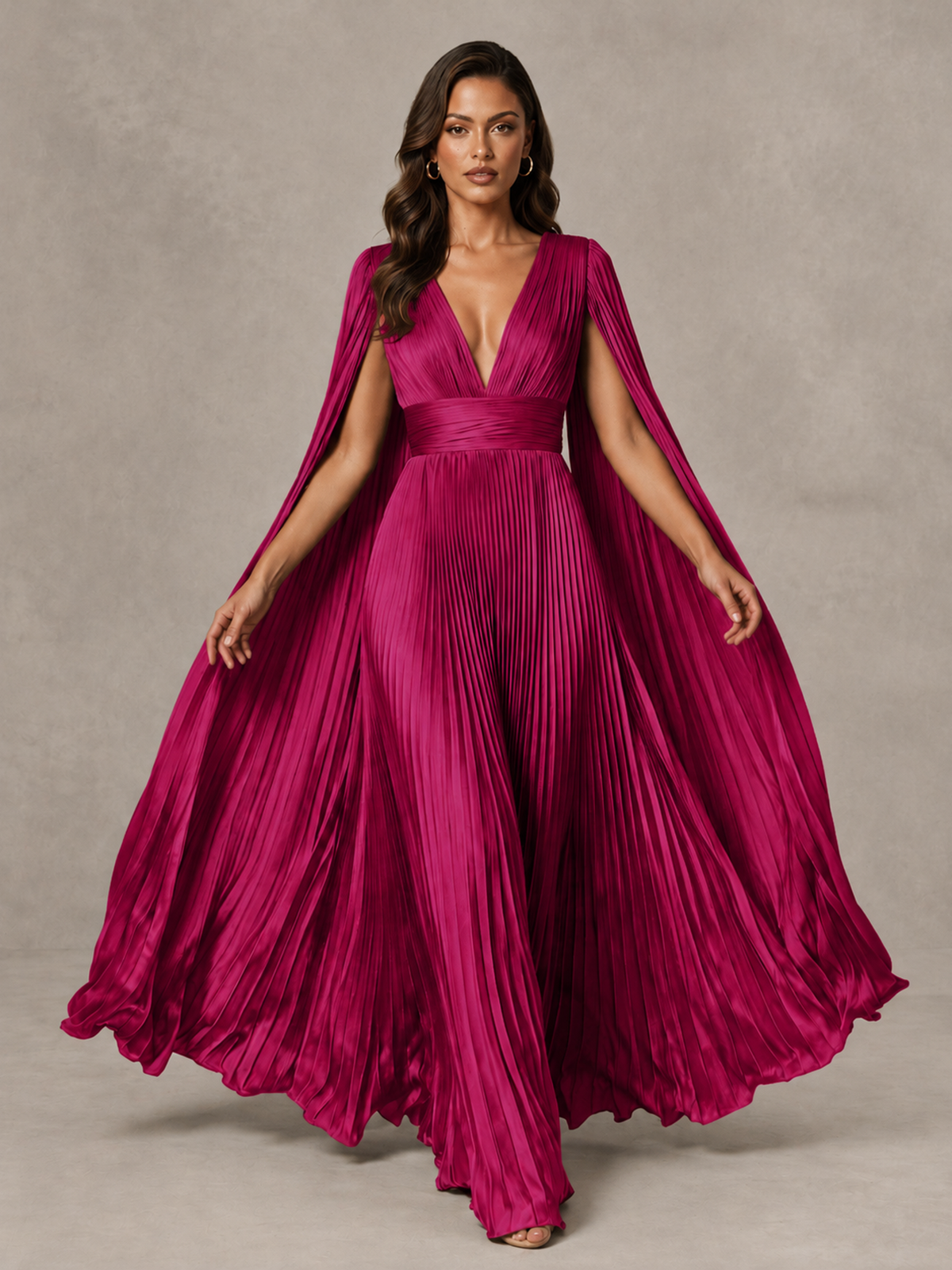 BOLODOO Fuchsia Deep V-Neck Pleated Cape Sleeve Evening Gown - Fuchsia - Fuchsia_3