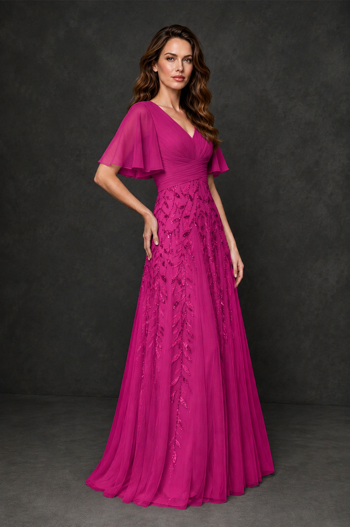 BOLODOO Fuchsia V-Neck Flutter Sleeve Beaded Botanical Tulle A-Line Gown | Mother of the Bride Evening Dress - Fuchsia - Fuchsia_3