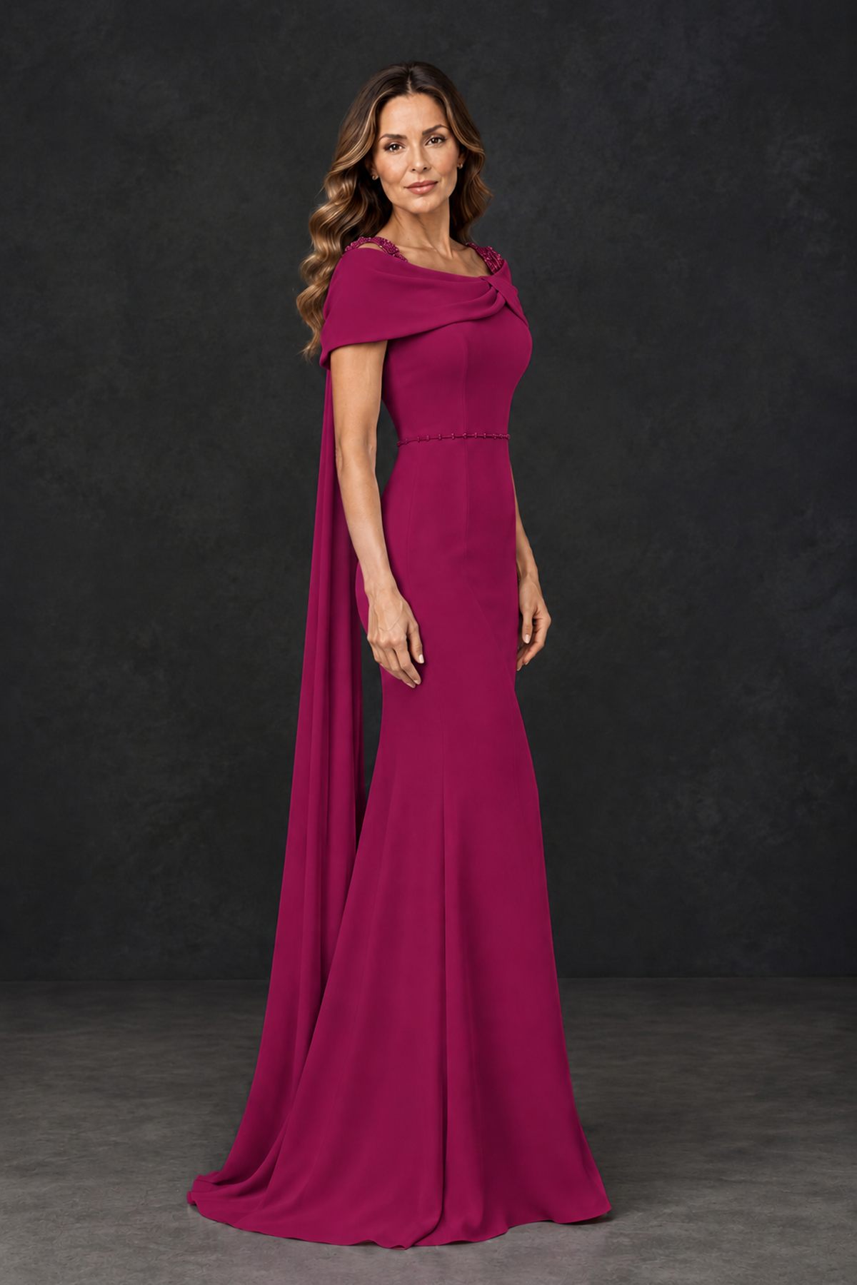 BOLODOO Fuchsia Mother of the Bride Dress with Draped Cape Detail - Fuchsia - Fuchsia_3