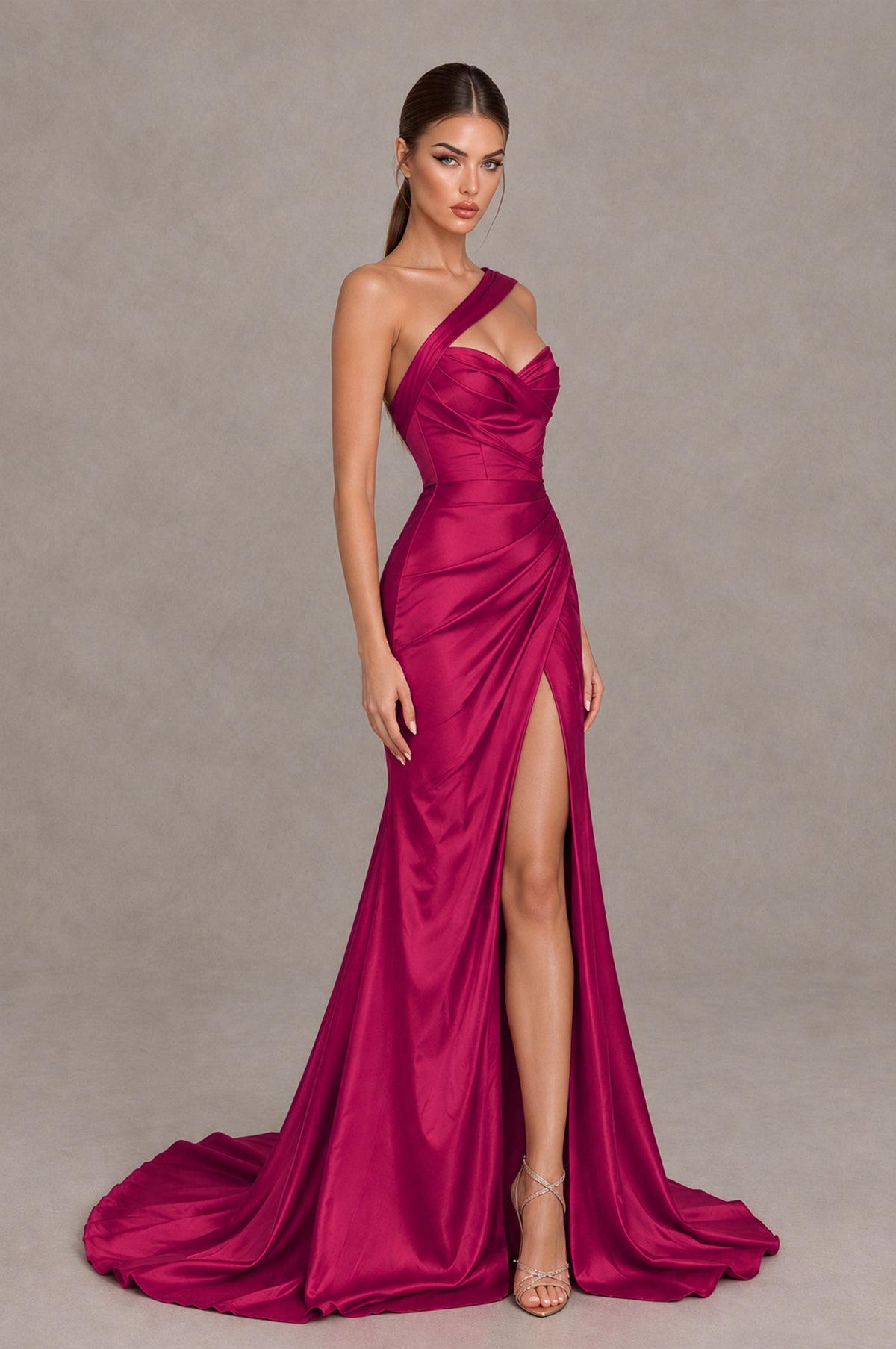 BOLODOO Fuchsia One Shoulder Satin Mermaid Evening Dress with Ruched Slit Skirt - Fuchsia - Fuchsia_3
