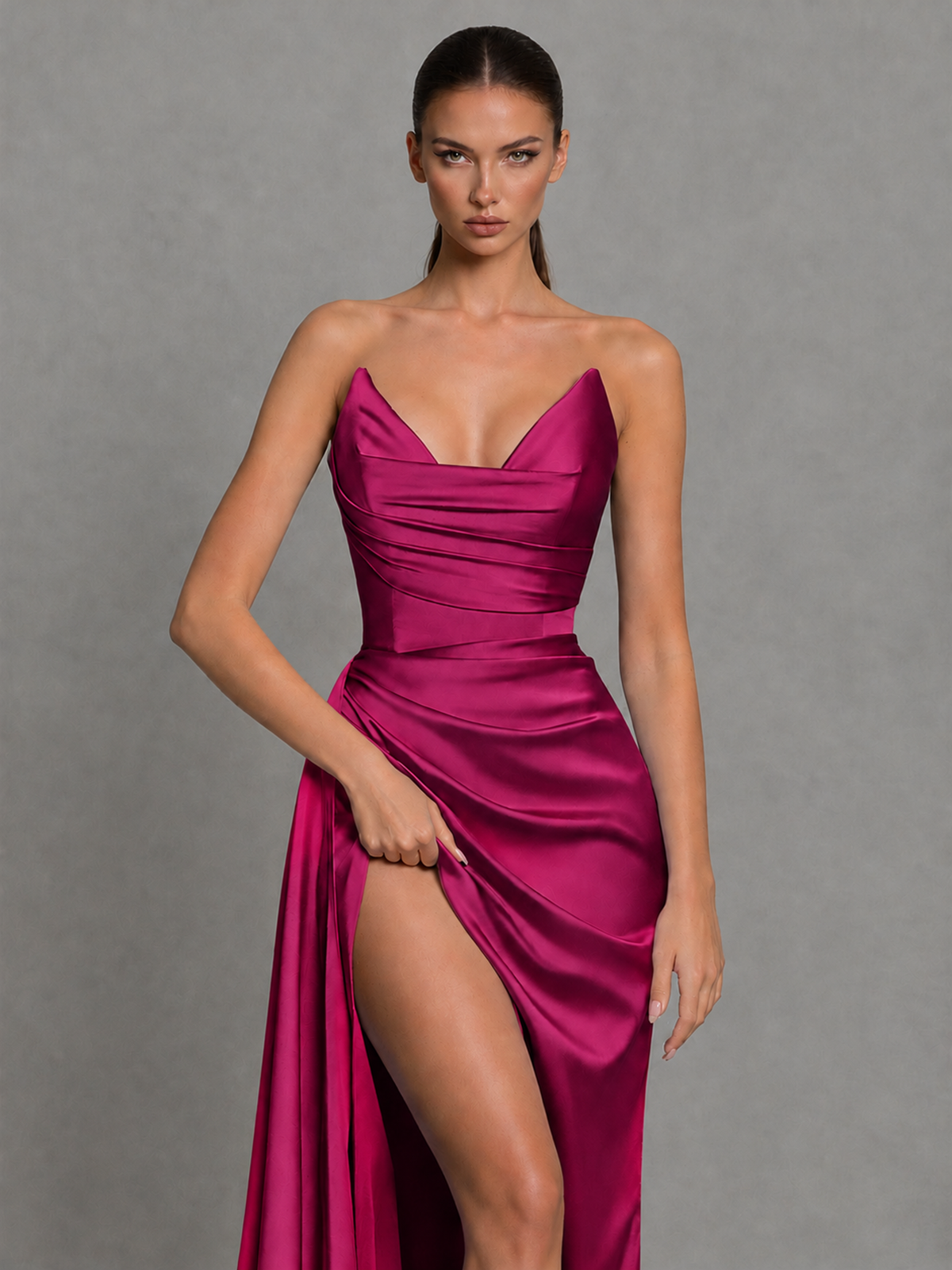 BOLODOO Fuchsia Strapless Satin High-Slit Lace-Up Prom Dress - Fuchsia - Fuchsia_3