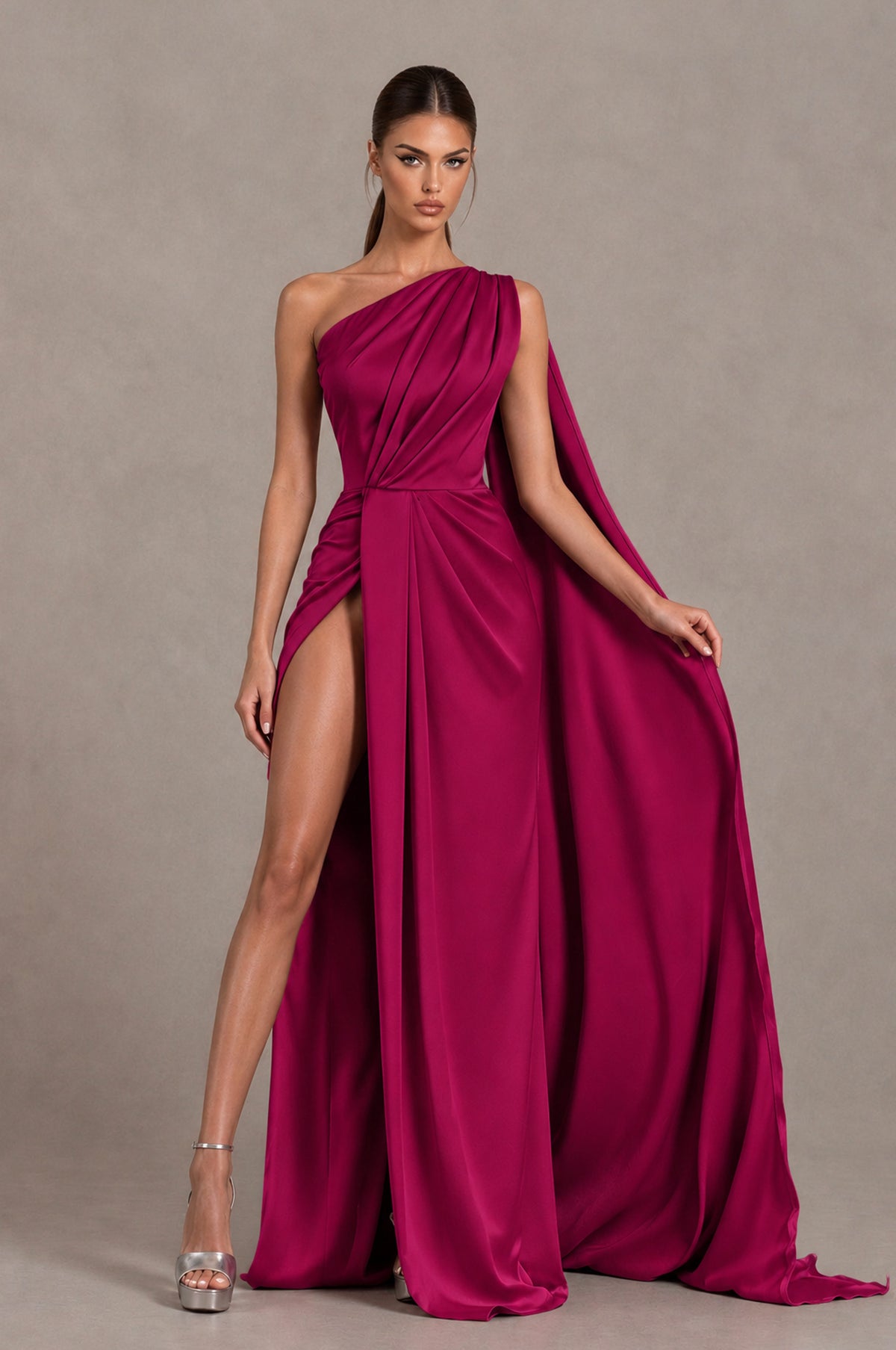 BOLODOO Fuchsia One Shoulder Satin Evening Dress with High Slit and Draped Cape Train - Fuchsia - Fuchsia_3