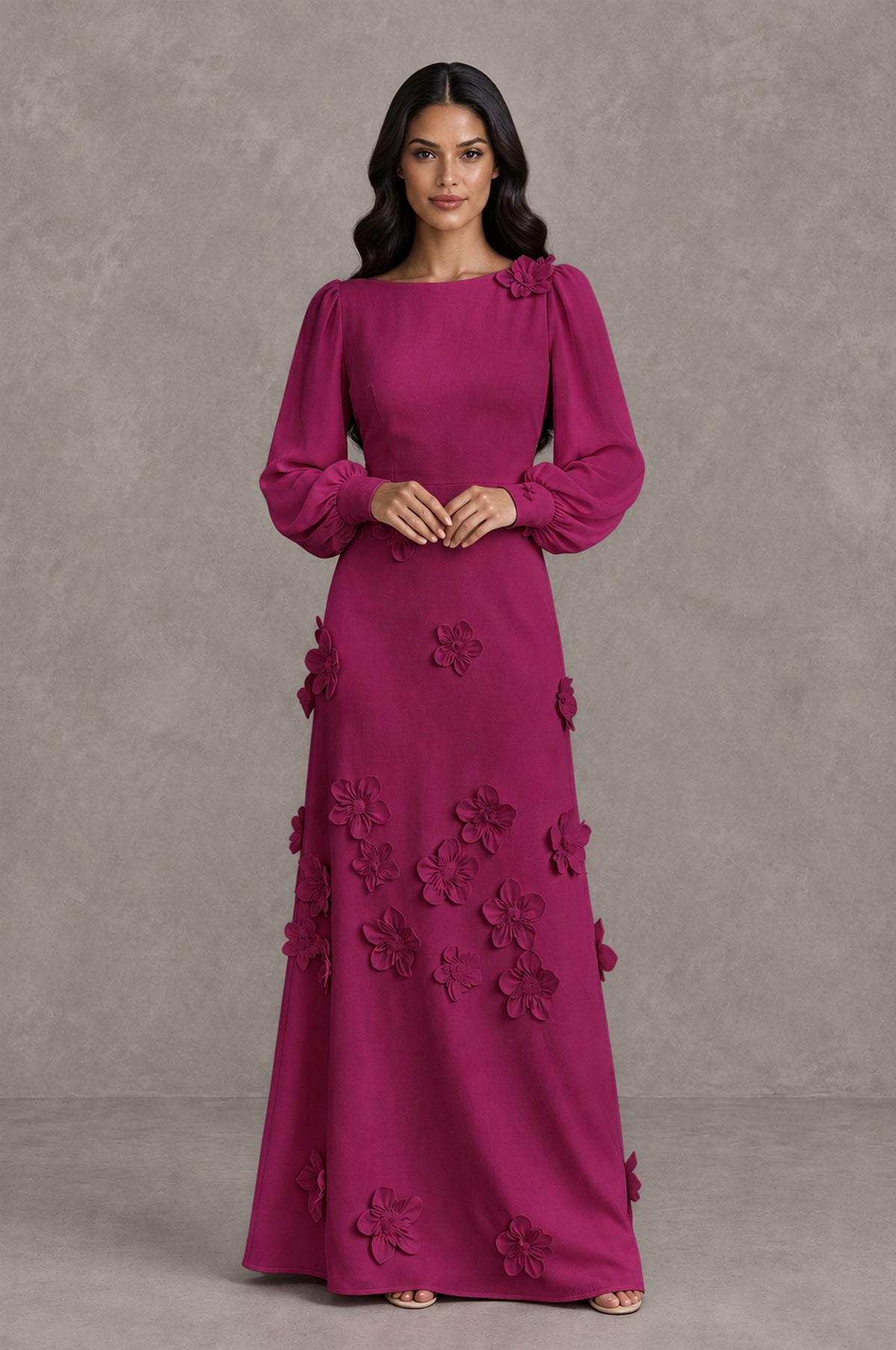 BOLODOO Fuchsia Long Sleeve Floral Applique A-Line Evening Dress - Fuchsia - Fuchsia_3