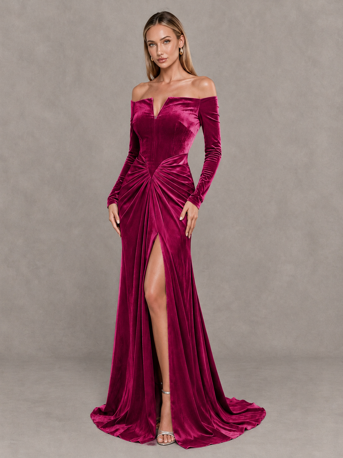 BOLODOO Fuchsia Off-Shoulder Velvet Evening Gown with High Slit - Fuchsia - Fuchsia_3