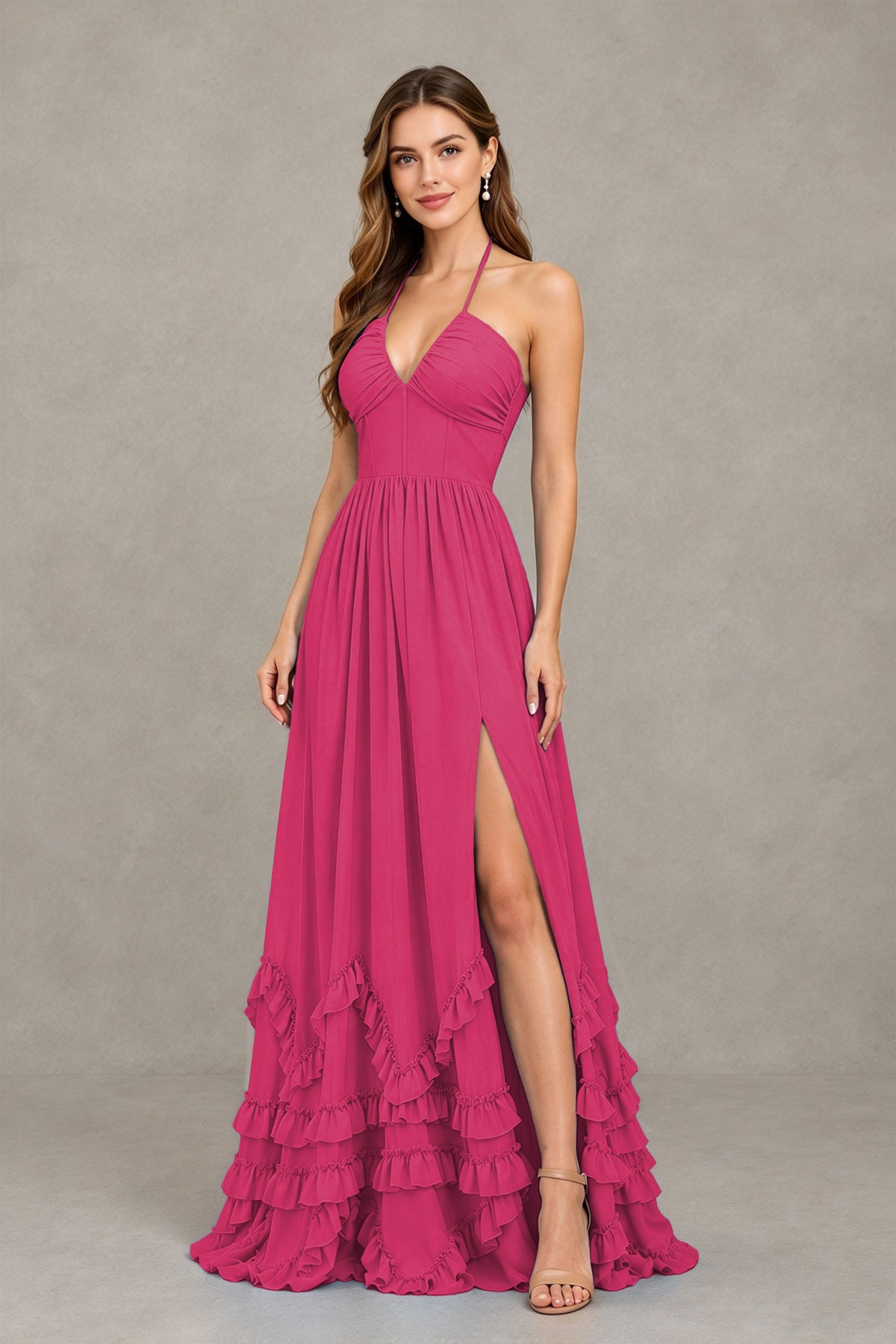BOLODOO Fuchsia Halter Ruffle Hem A-Line Bridesmaid Dress with High Slit - Fuchsia - Fuchsia(3)