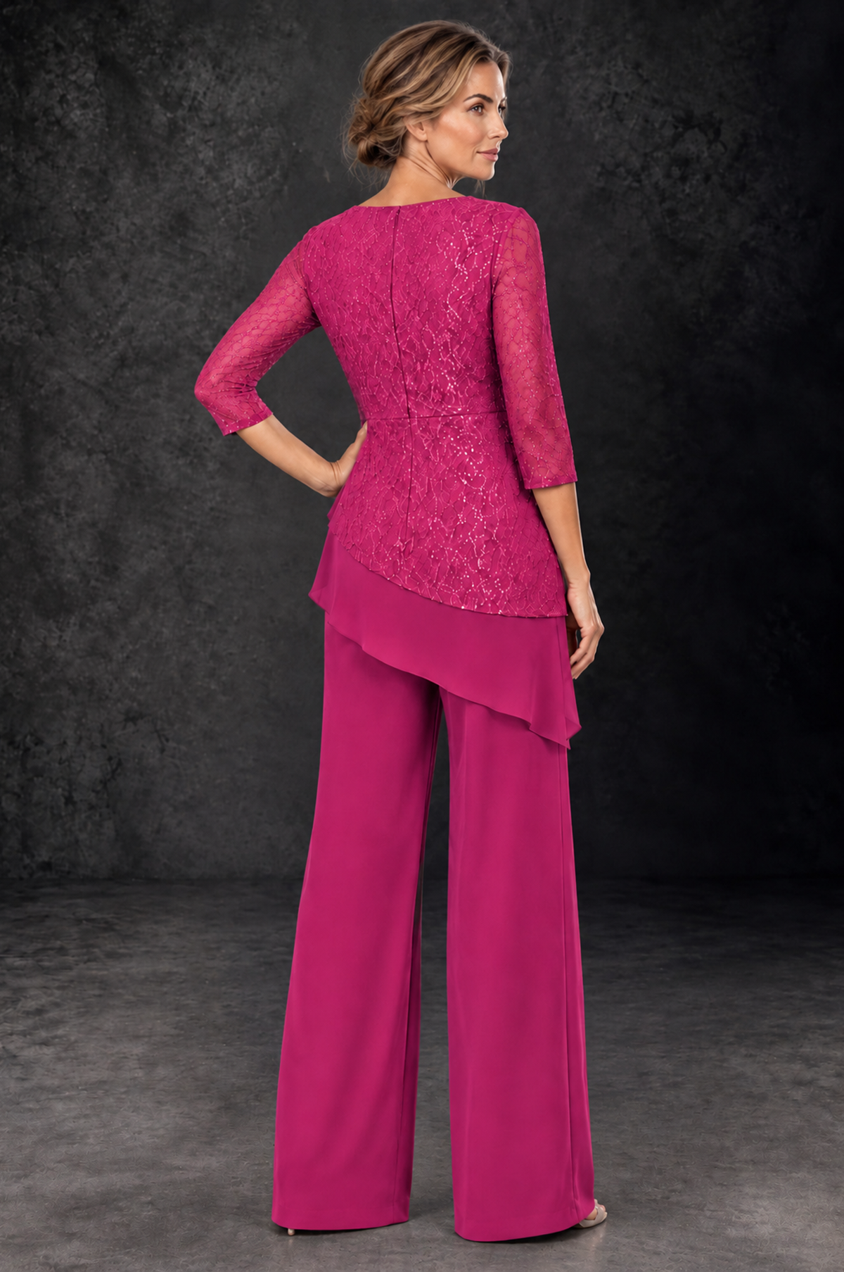 BOLODOO Fuchsia Sequin Lace 3/4 Sleeve Chiffon Mother of the Bride Pant Suit - Fuchsia - Fuchsia_3
