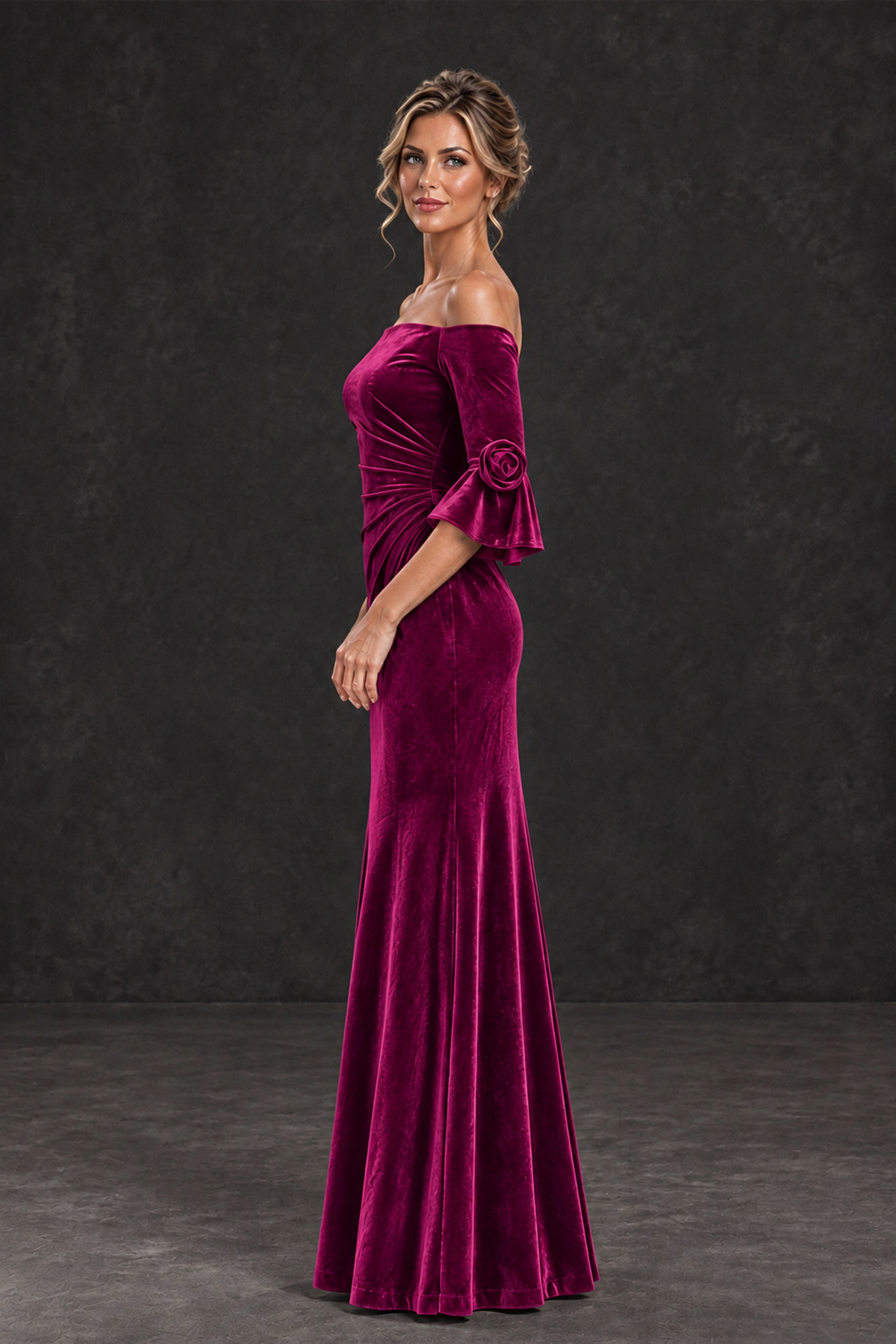 BOLODOO Fuchsia Velvet Off-Shoulder Mother of the Bride Dress – 3/4 Floral Cuff Sleeve Mermaid Evening Gown - Fuchsia - Fuchsia_3