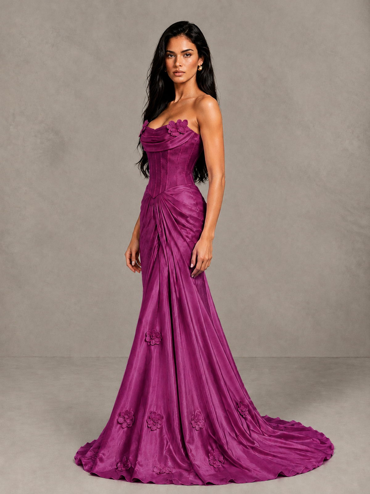 BOLODOO Fuchsia Strapless Floral Corset Evening Gown with Train - Fuchsia - Fuchsia_3