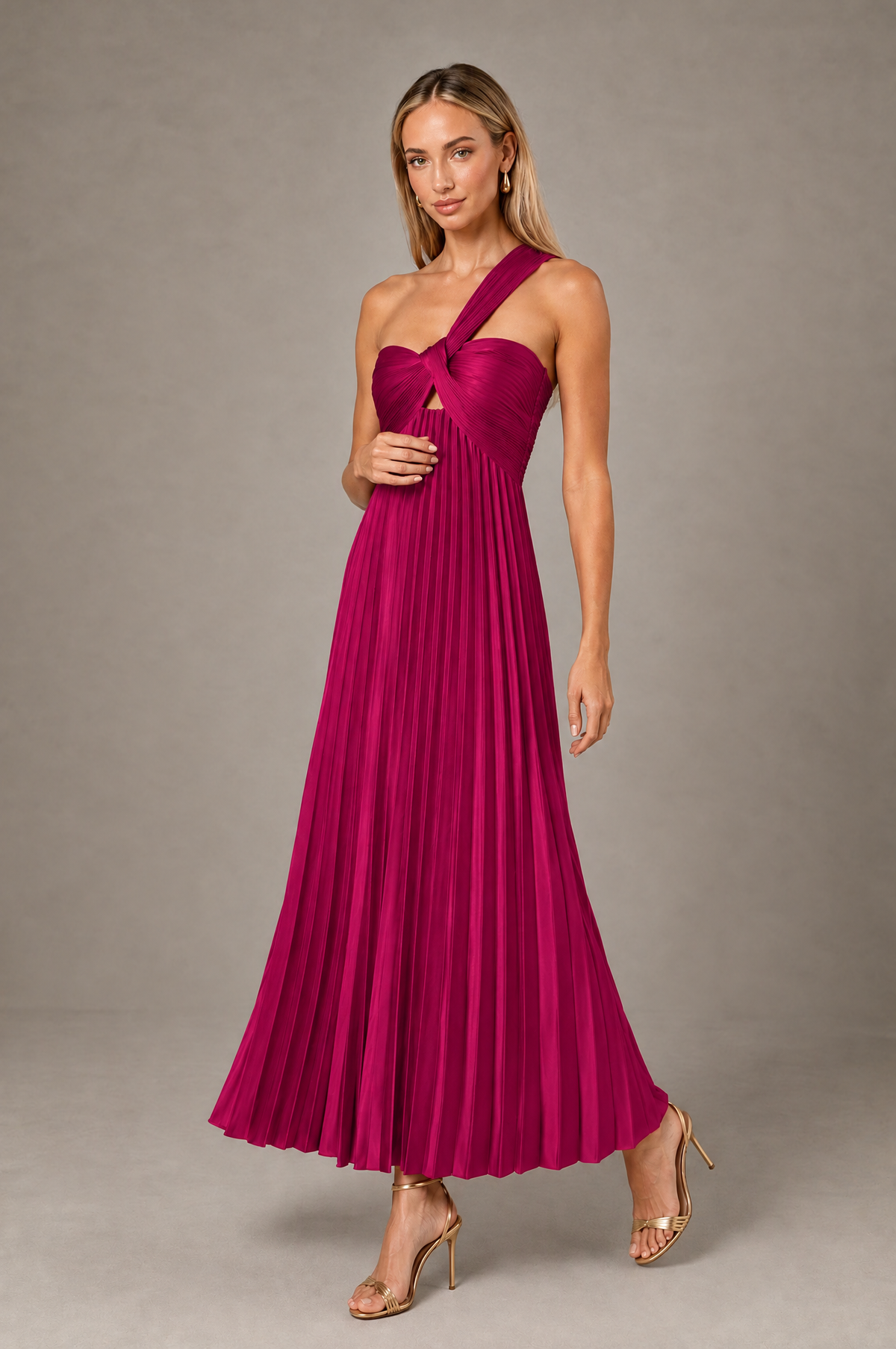 BOLODOO Fuchsia One-Shoulder Twist Knot Pleated Satin Midi Dress with Cutout - Fuchsia - Fuchsia_3