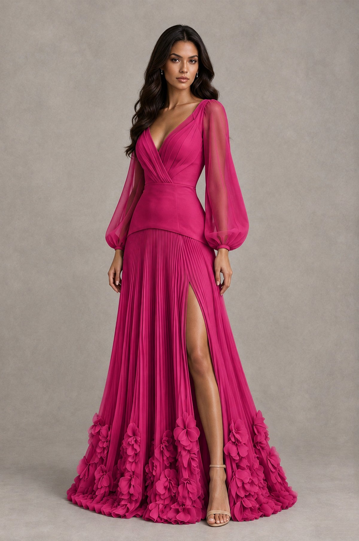 BOLODOO Fuchsia V-Neck Long Sleeve Pleated Floral Hem Evening Dress - Fuchsia - Fuchsia_3