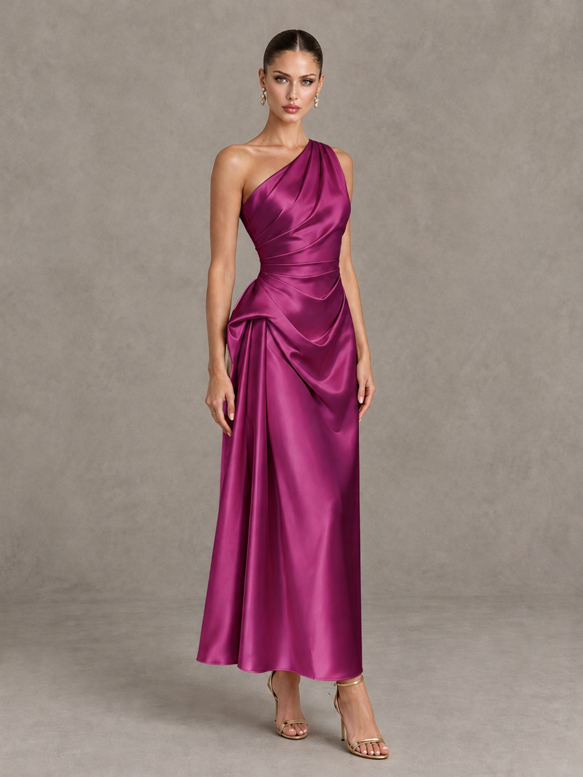 BOLODOO Fuchsia One Shoulder Satin Cocktail Dress with Draped A-Line Skirt - Fuchsia - Fuchsia_3