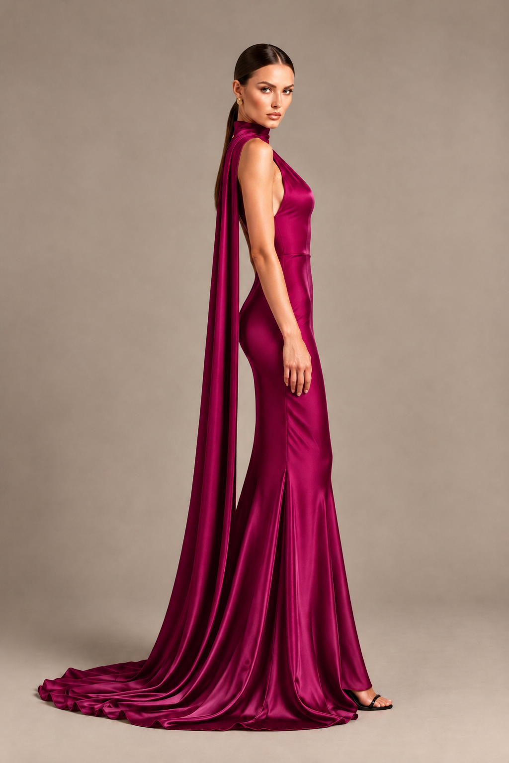BOLODOO Fuchsia One-Shoulder Satin Mermaid Evening Dress with Scarf - Fuchsia - Fuchsia_3