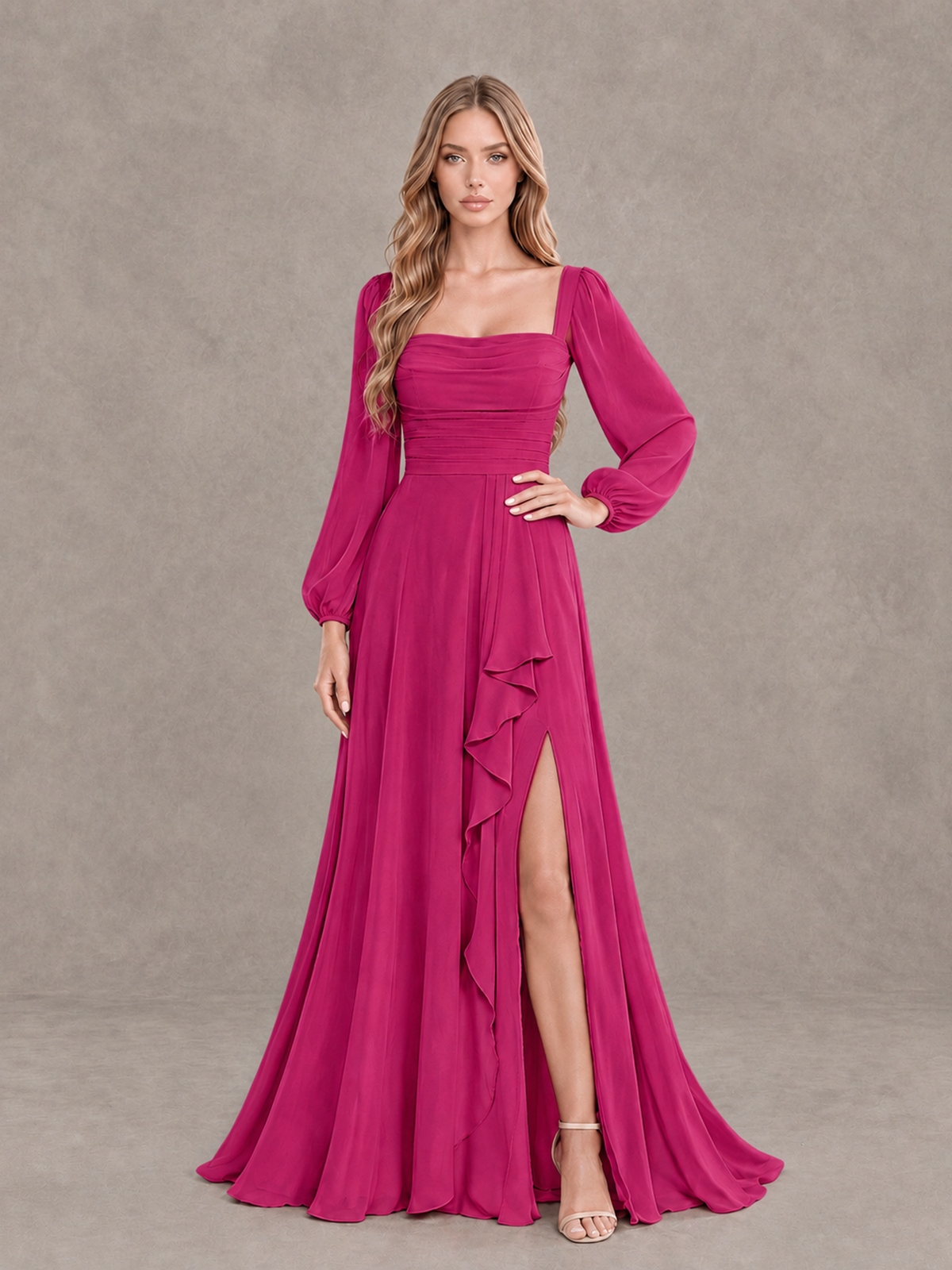 BOLODOO Fuchsia Square Neck Long Sleeve Bridesmaid Dress with Ruffle Slit - Fuchsia - Fuchsia_3