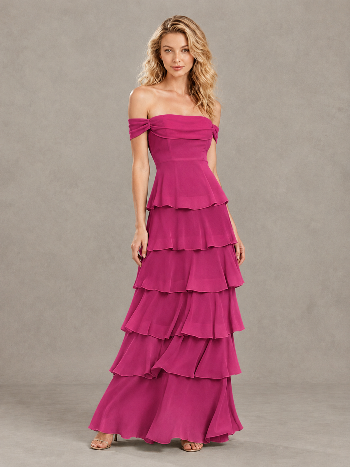 BOLODOO Fuchsia Off-Shoulder Tiered Ruffle Bridesmaid Dress with Lace-Up Back - Fuchsia - Fuchsia_3