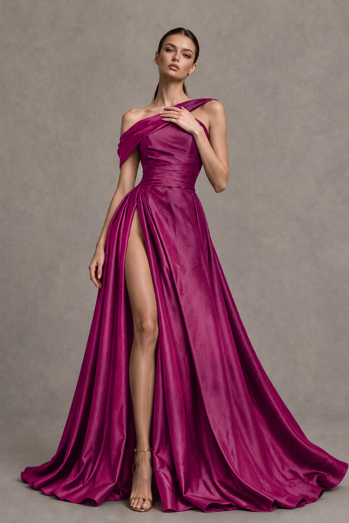 BOLODOO Fuchsia Asymmetric Satin-Look A-Line Prom Dress with High Slit - Fuchsia - Fuchsia_3