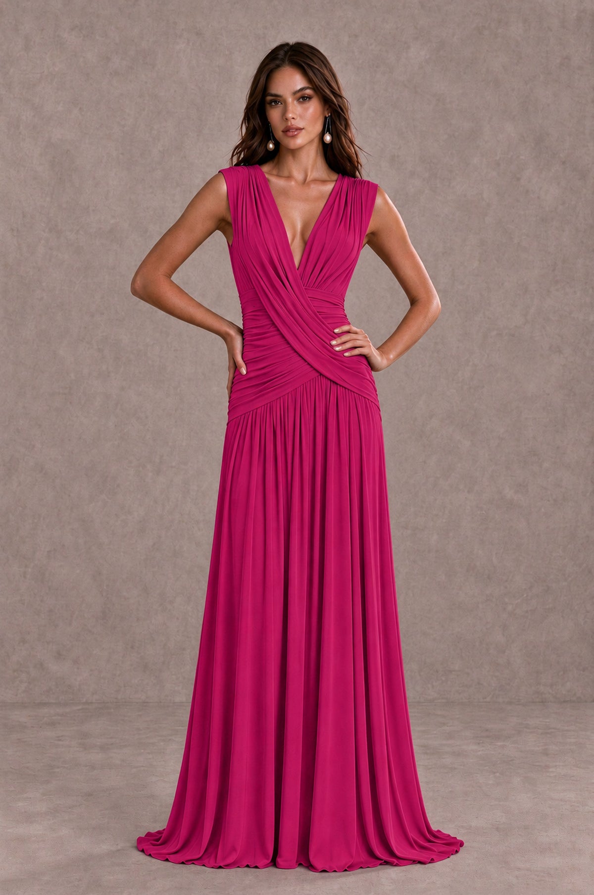 BOLODOO Fuchsia V-Neck Ruched Wedding Guest Dress - Fuchsia - Fuchsia_3