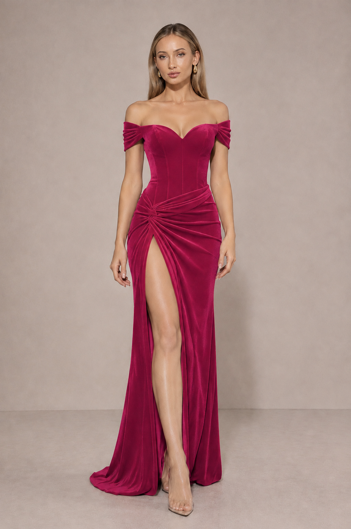 BOLODOO Fuchsia Velvet Off-Shoulder Ruched High Slit Evening Dress - Fuchsia - Fuchsia_3