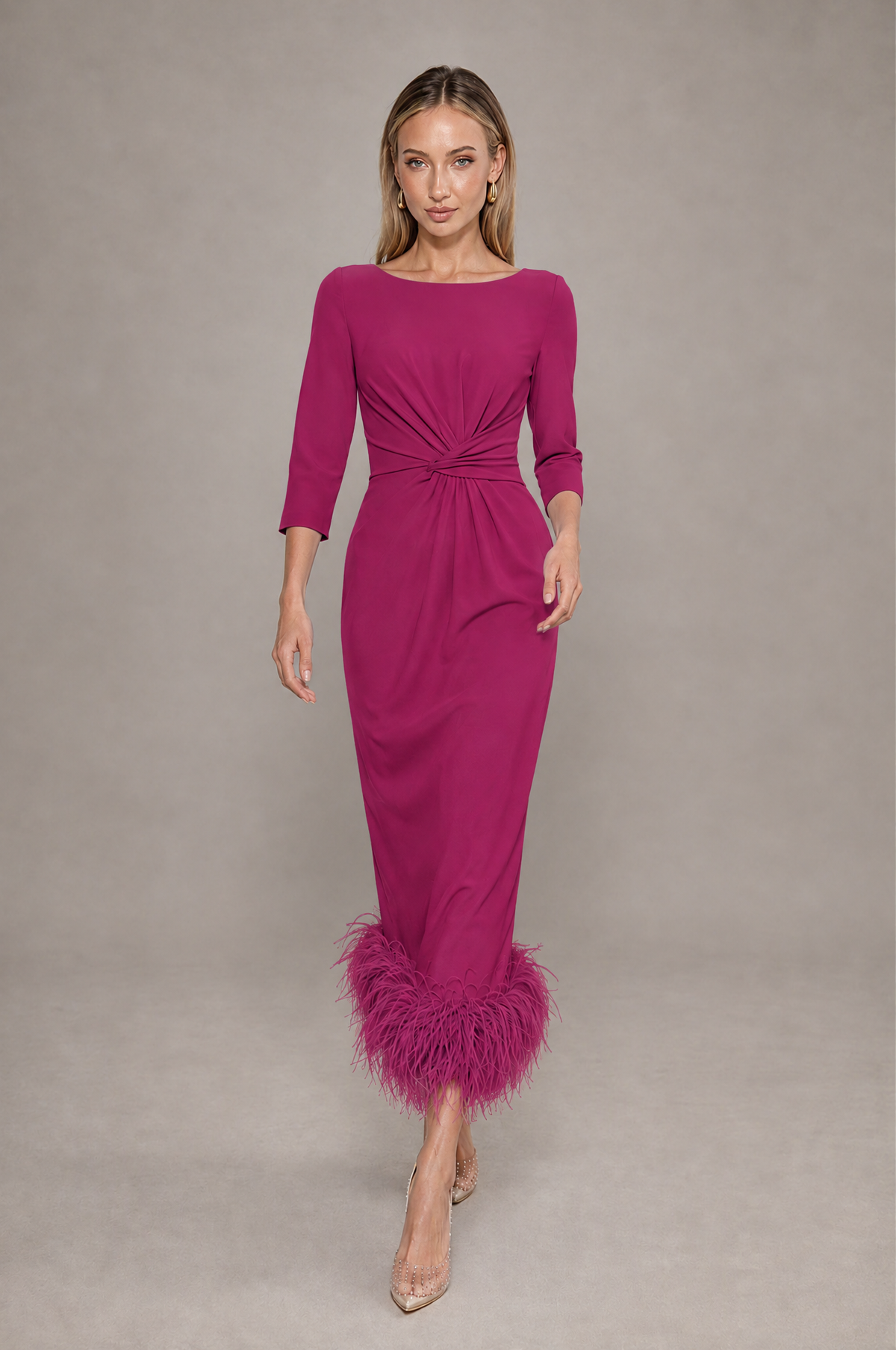 BOLODOO Fuchsia Feather-Trim Twist-Waist Midi Dress - Fuchsia - Fuchsia_3