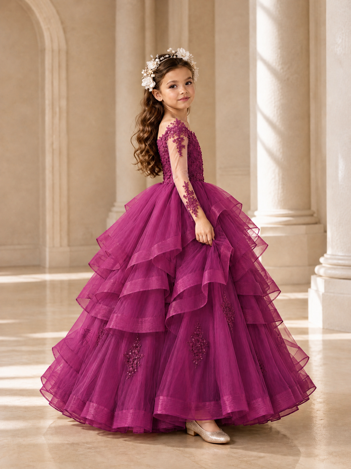 BOLODOO Fuchsia Lace Long Sleeve Tiered Flower Girl Dress - Fuchsia - Fuchsia_3