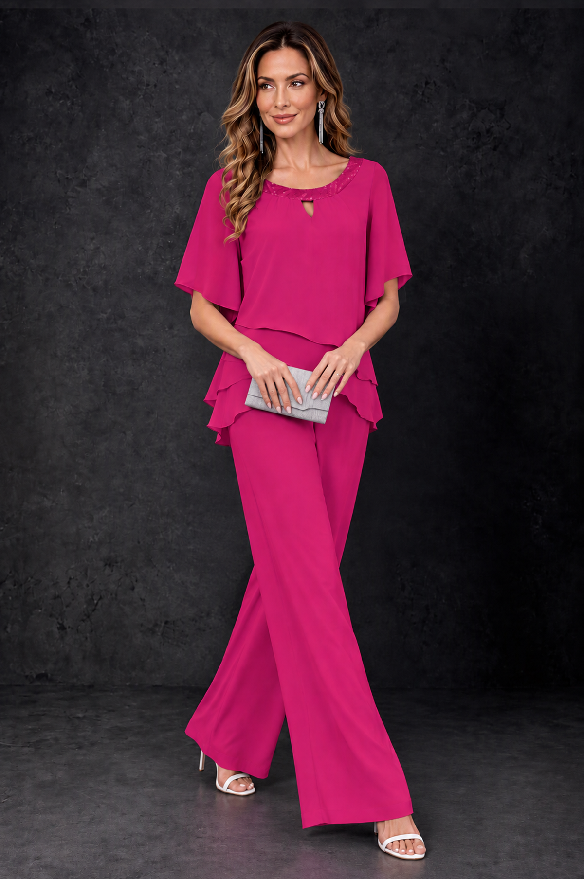 BOLODOO Fuchsia Layered Chiffon-Look Mother of the Bride Pantsuit - Fuchsia - Fuchsia_3