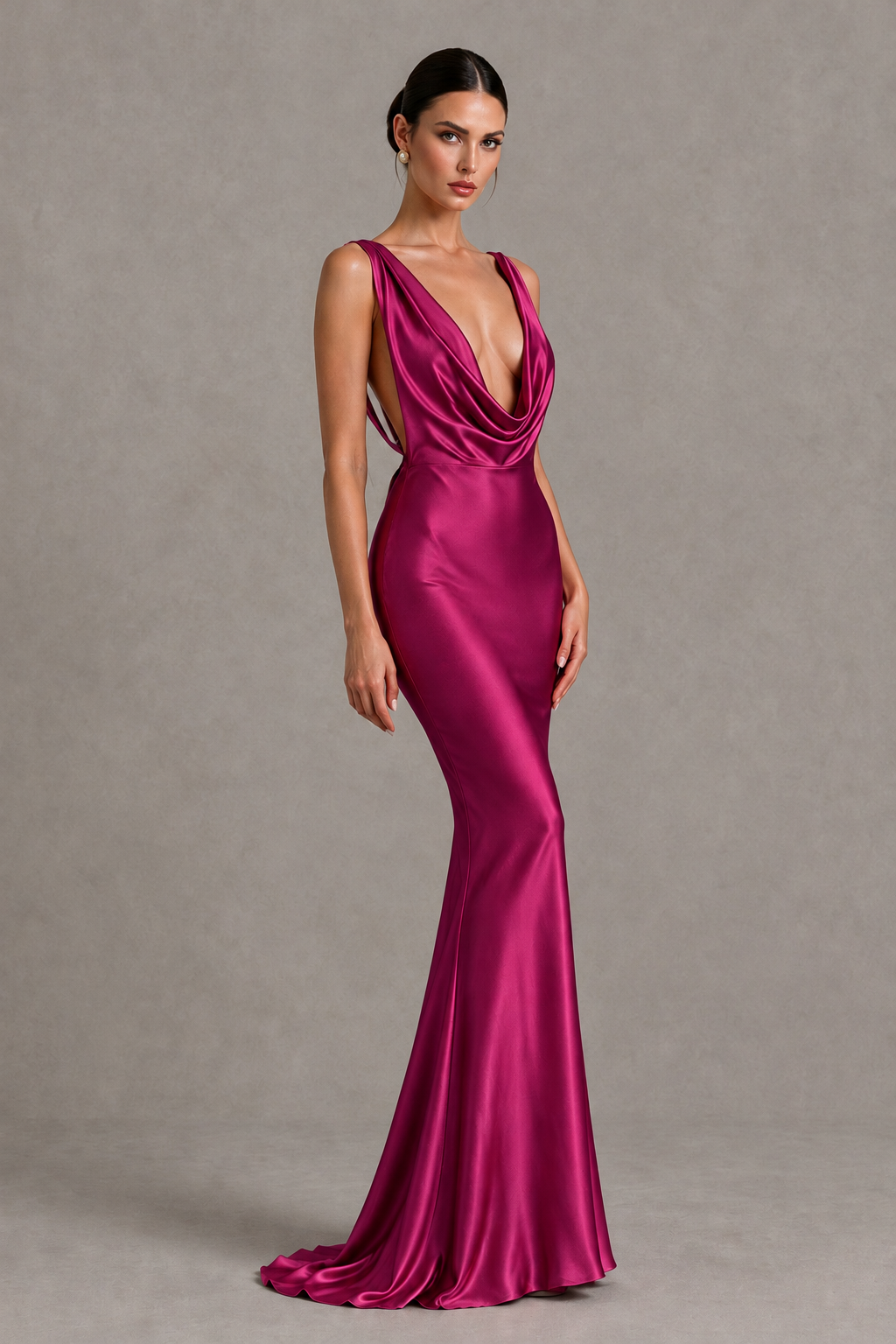 BOLODOO Fuchsia Cowl Neck Backless Satin Mermaid Evening Dress - Fuchsia - Fuchsia_3