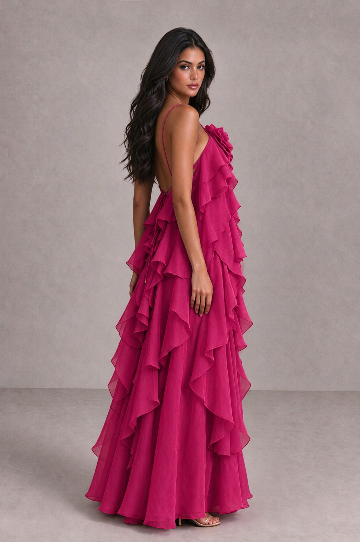 BOLODOO Fuchsia Cascading Ruffle Rosette Open-Back Maxi Dress - Fuchsia - Fuchsia_3