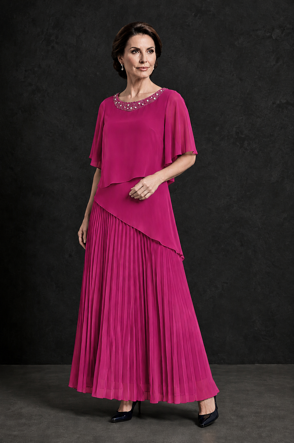 BOLODOO Fuchsia Pearl Beaded Neck Asymmetric Tiered Flutter Sleeve Pleated Chiffon Maxi Dress - Fuchsia - Fuchsia_3