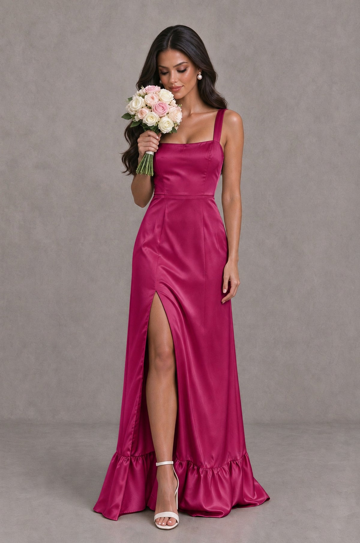 BOLODOO Fuchsia Square Neck Satin Evening Dress with Lace-Up Back and High Slit - Fuchsia - Fuchsia_3