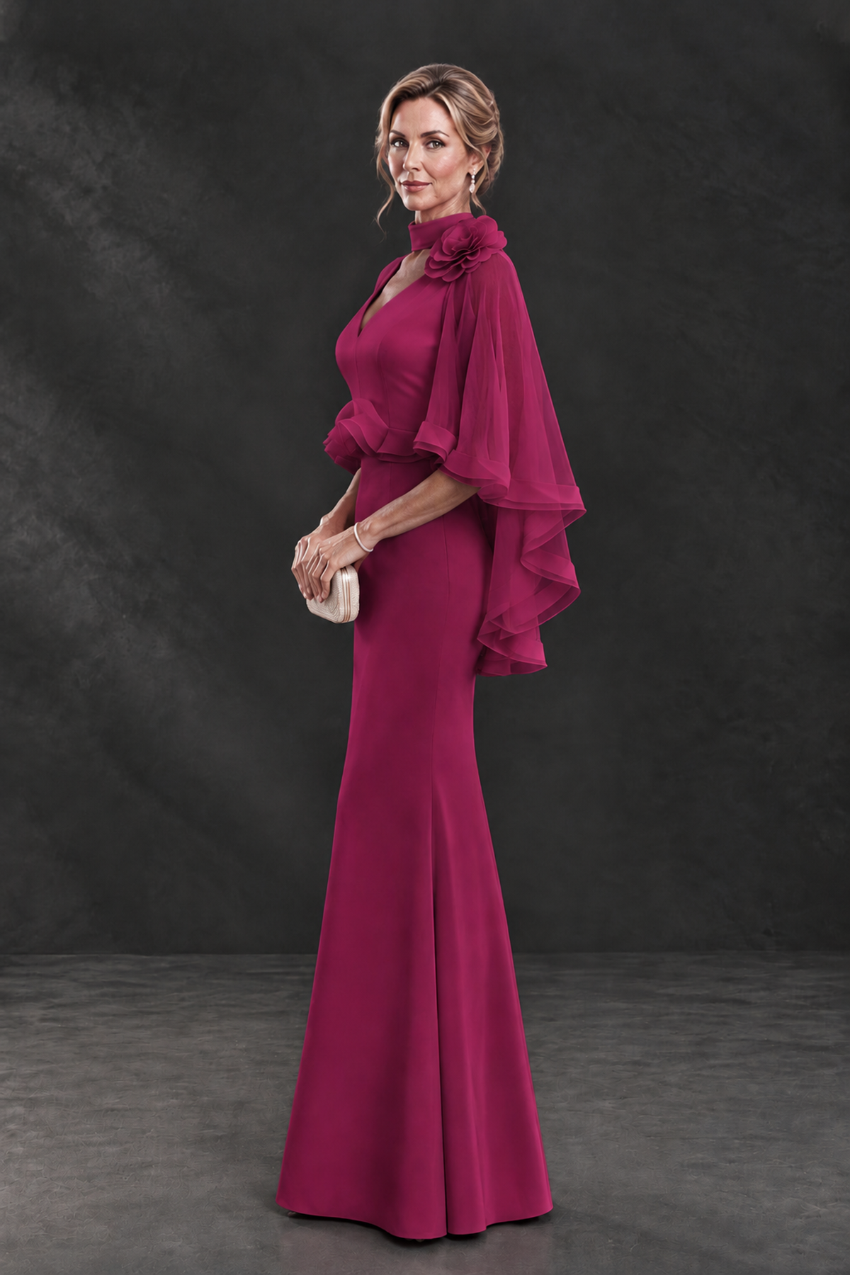 BOLODOO Fuchsia Floral Cape Sleeve Mother of the Bride Dress - Fuchsia - Fuchsia_3